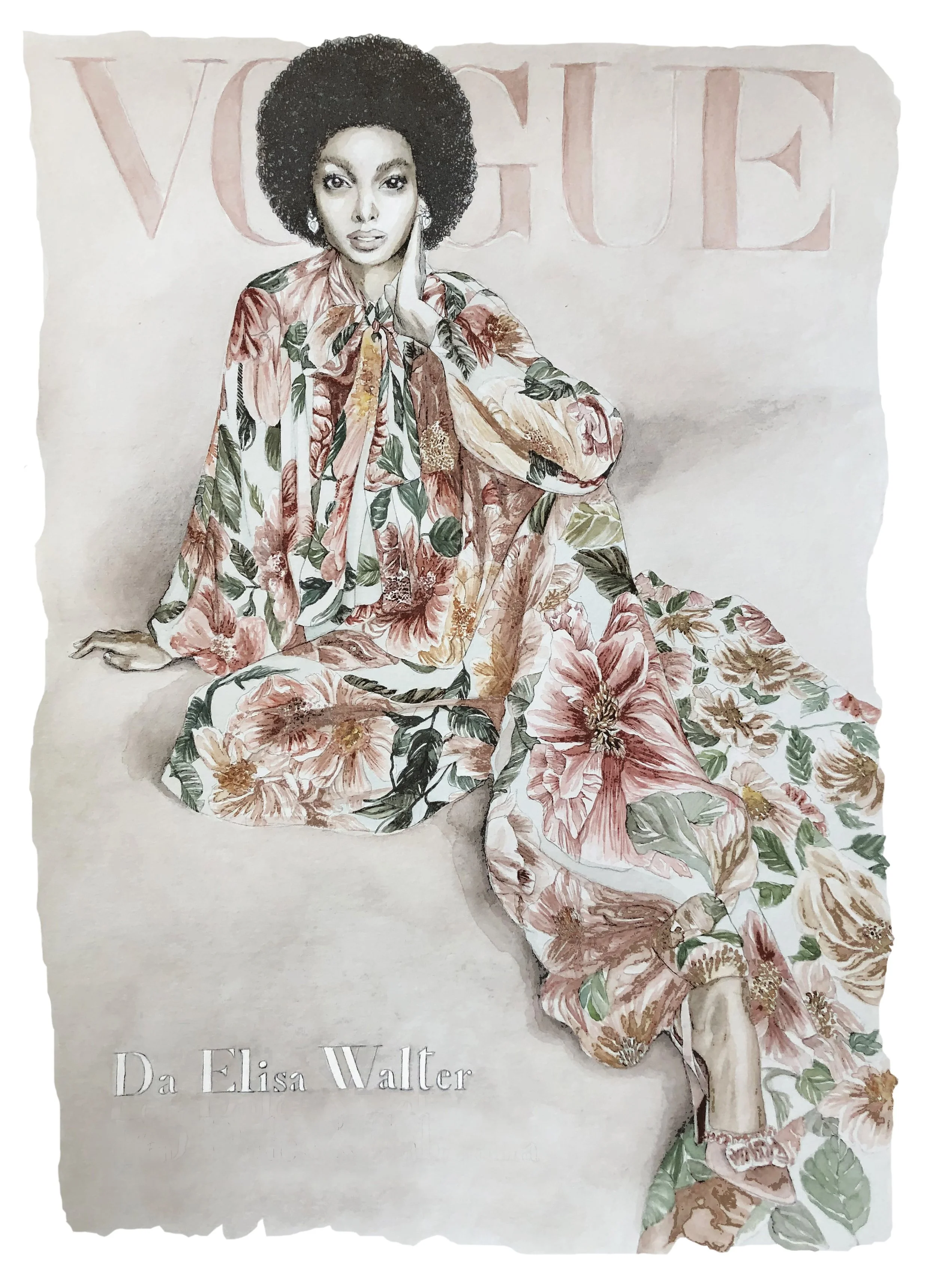 Illustration d'une femme assise portant une robe à fleurs avec un large motif floral, fond pastel avec le mot 'VOGUE' en haut et la mention 'Da Elisa Walter' en bas.