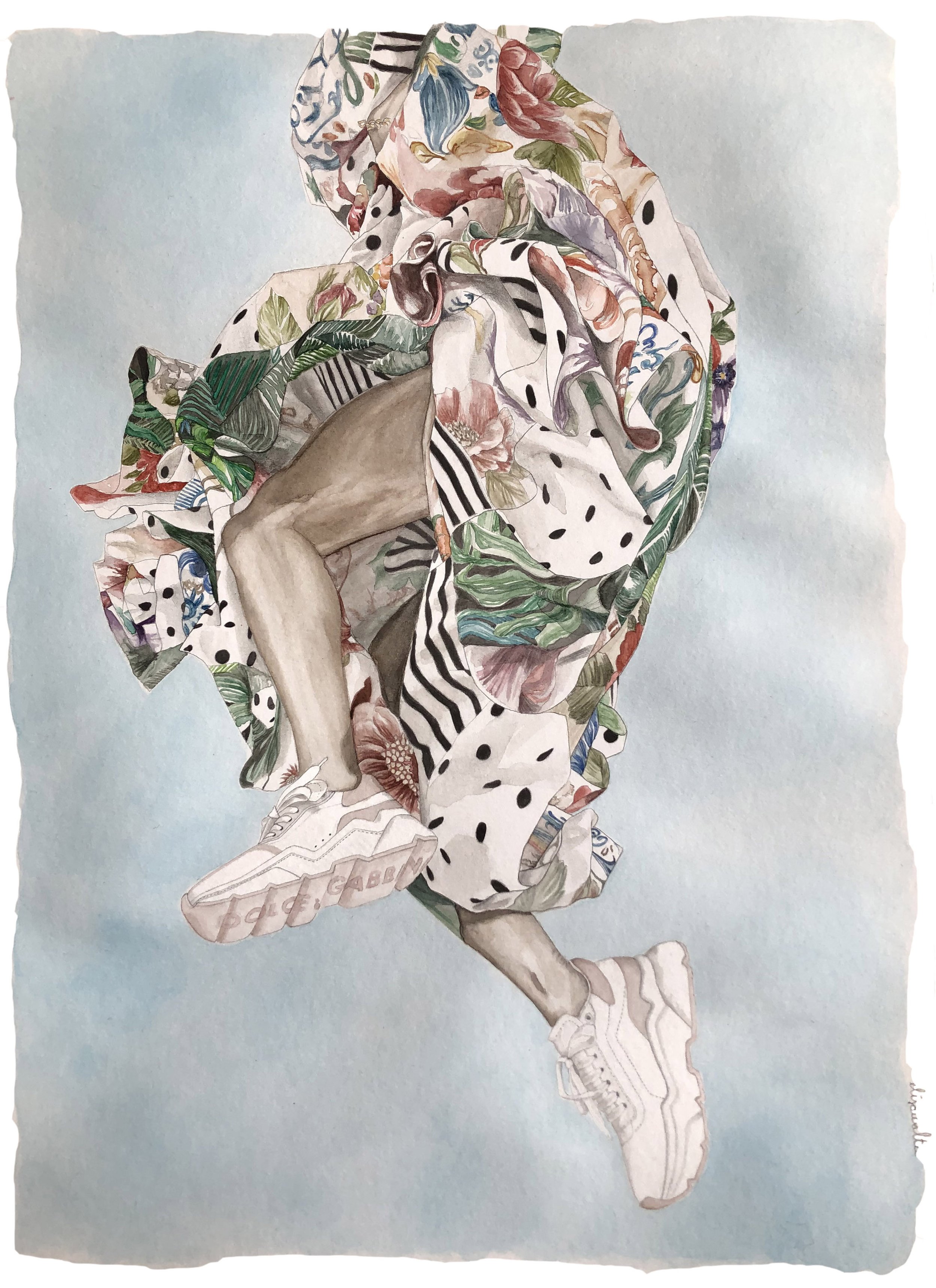 Une illustration d'une personne en mouvement, portant des vêtements à motifs floraux, à rayures et à pois, ainsi que des chaussures blanches, avec un fond bleu clair.