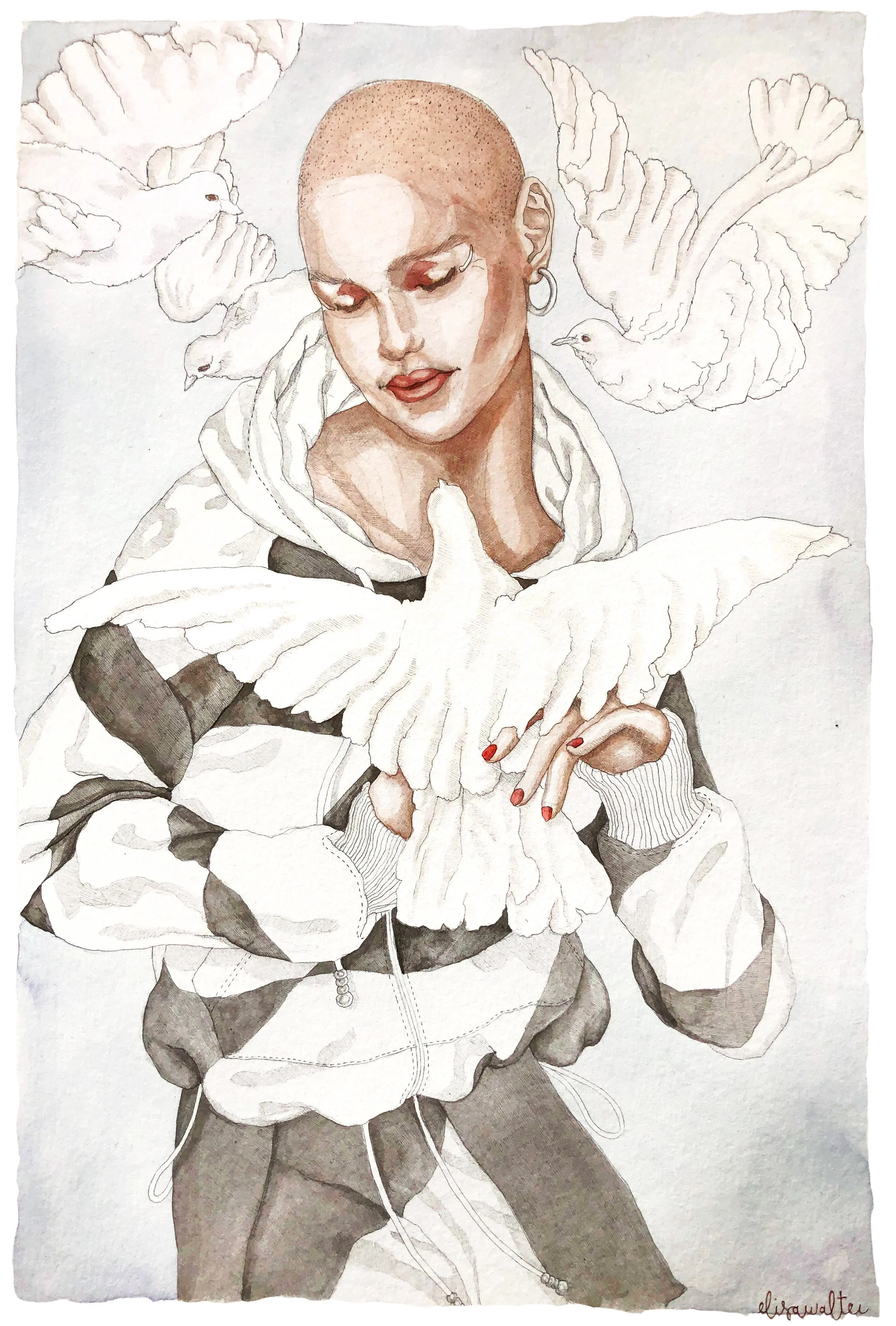 Une illustration d'une femme avec une tête rasée, tenant une grande main blanche, entourée de plusieurs oiseaux blancs en vol.