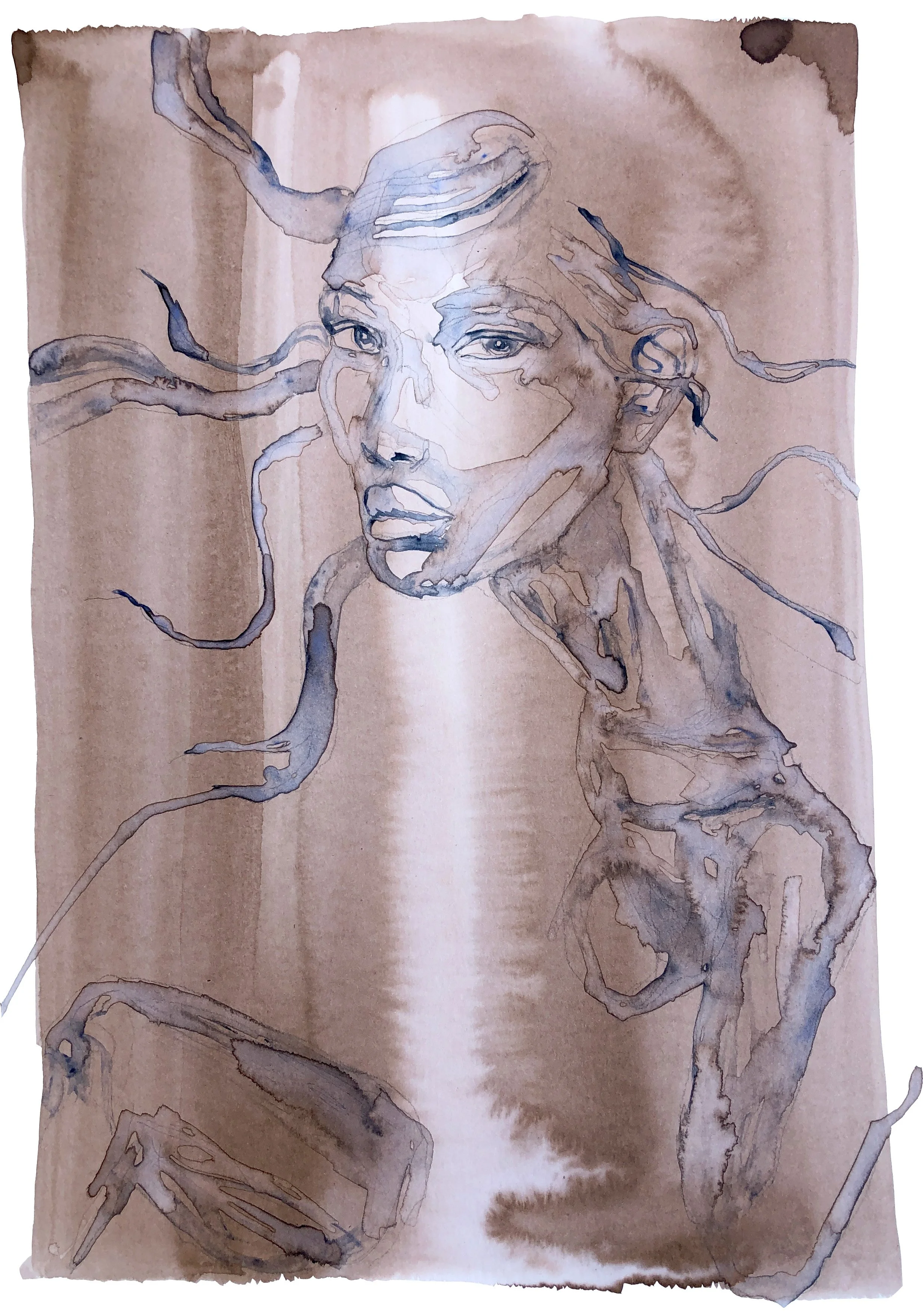 Dessin aquarelle d'une figure humaine avec des traits abstraits et des cheveux en forme de tentacules bleus