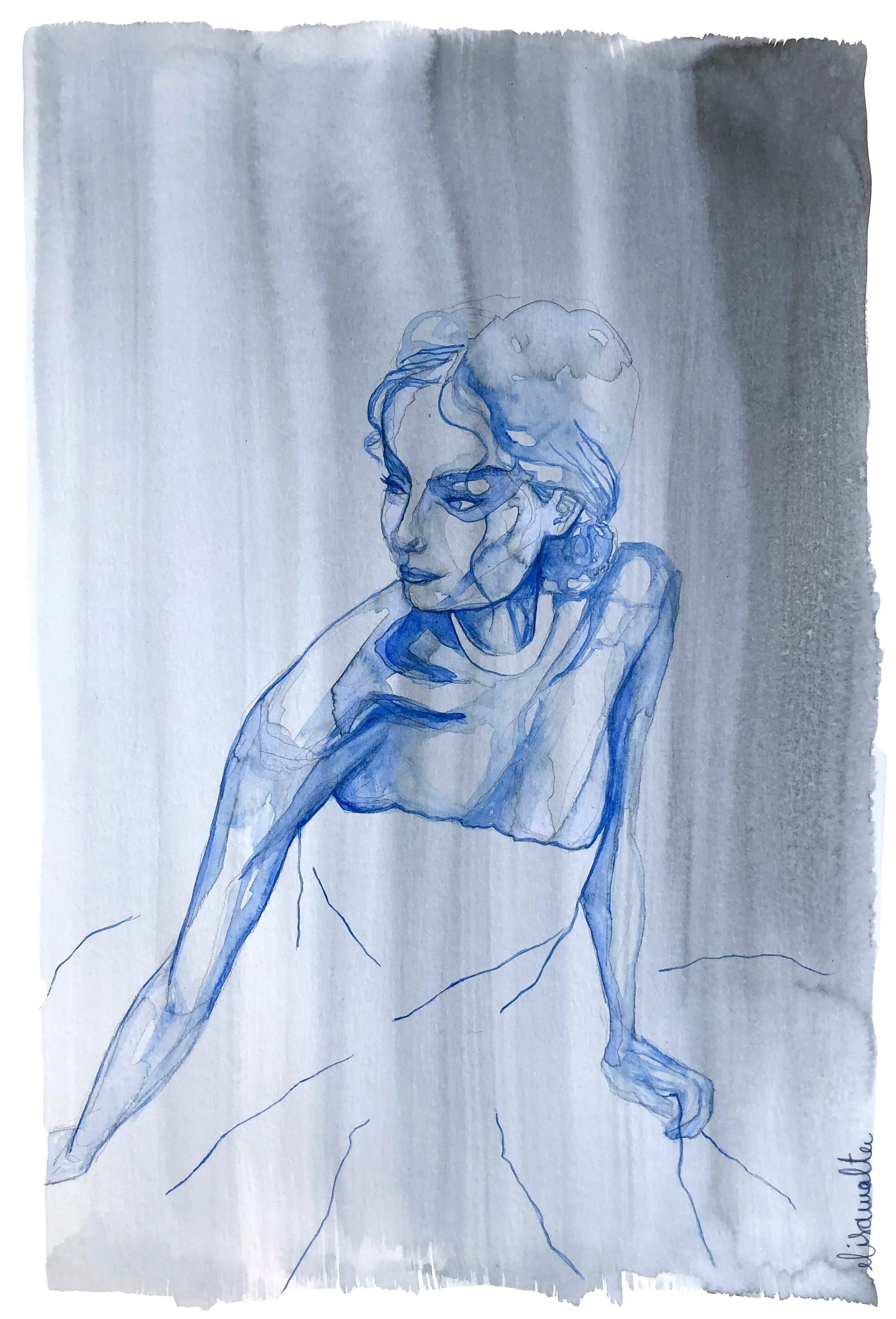 Une aquarelle en tons bleus d'une femme assise, de profil, avec ses bras appuyés sur une surface, regardant vers la gauche.