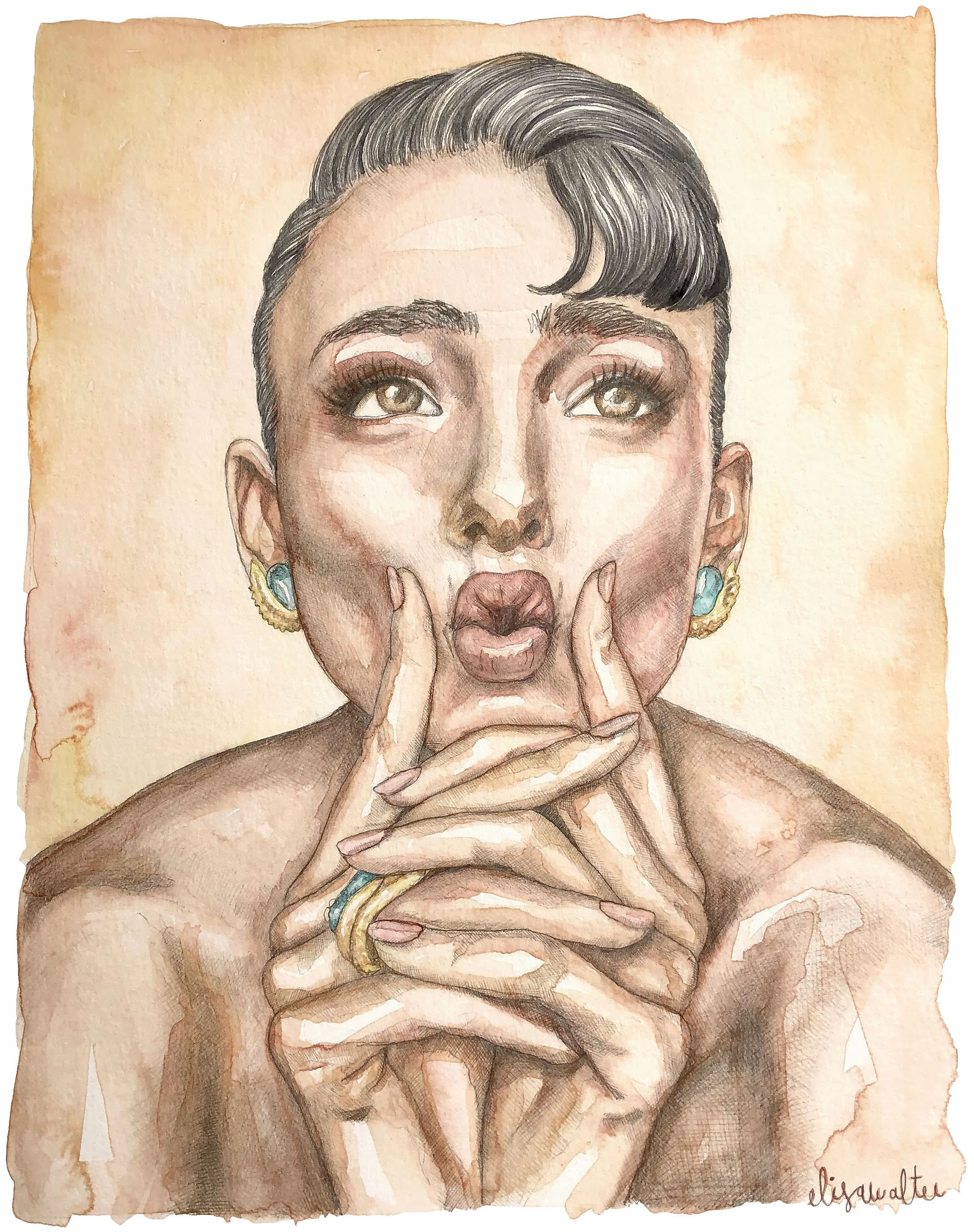 Painting of a woman with sophisticated make-up, playing with her fingers, wearing turquoise earrings and rings, with a pensive or surprised facial expression.