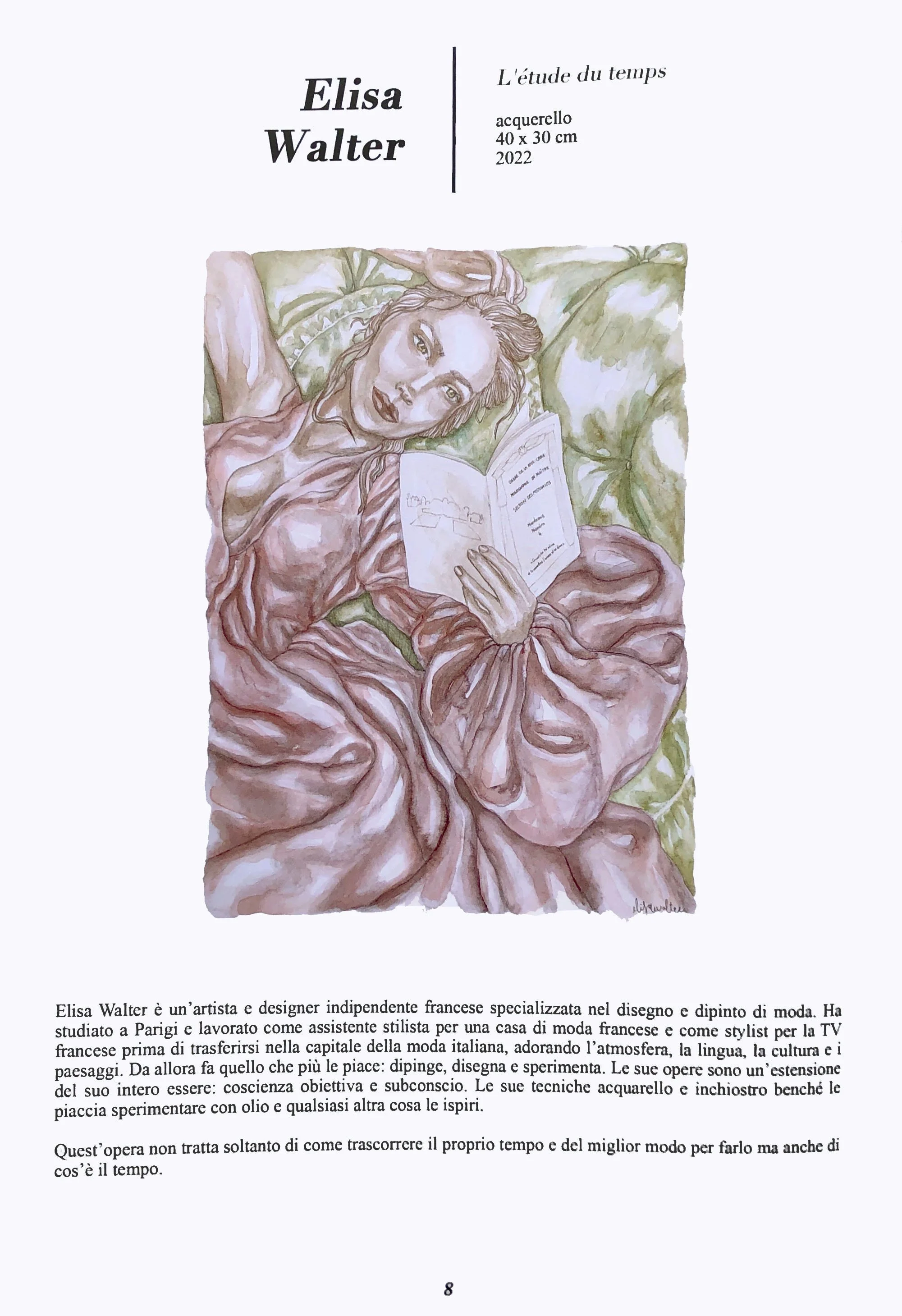 Une reproduction d'une œuvre d'art représentant une femme allongée, tenant un livre, avec des éléments de paysage et des vêtements dans des tons pastel, accompagnée d'une description en français sur l'artiste Elisa Walter.