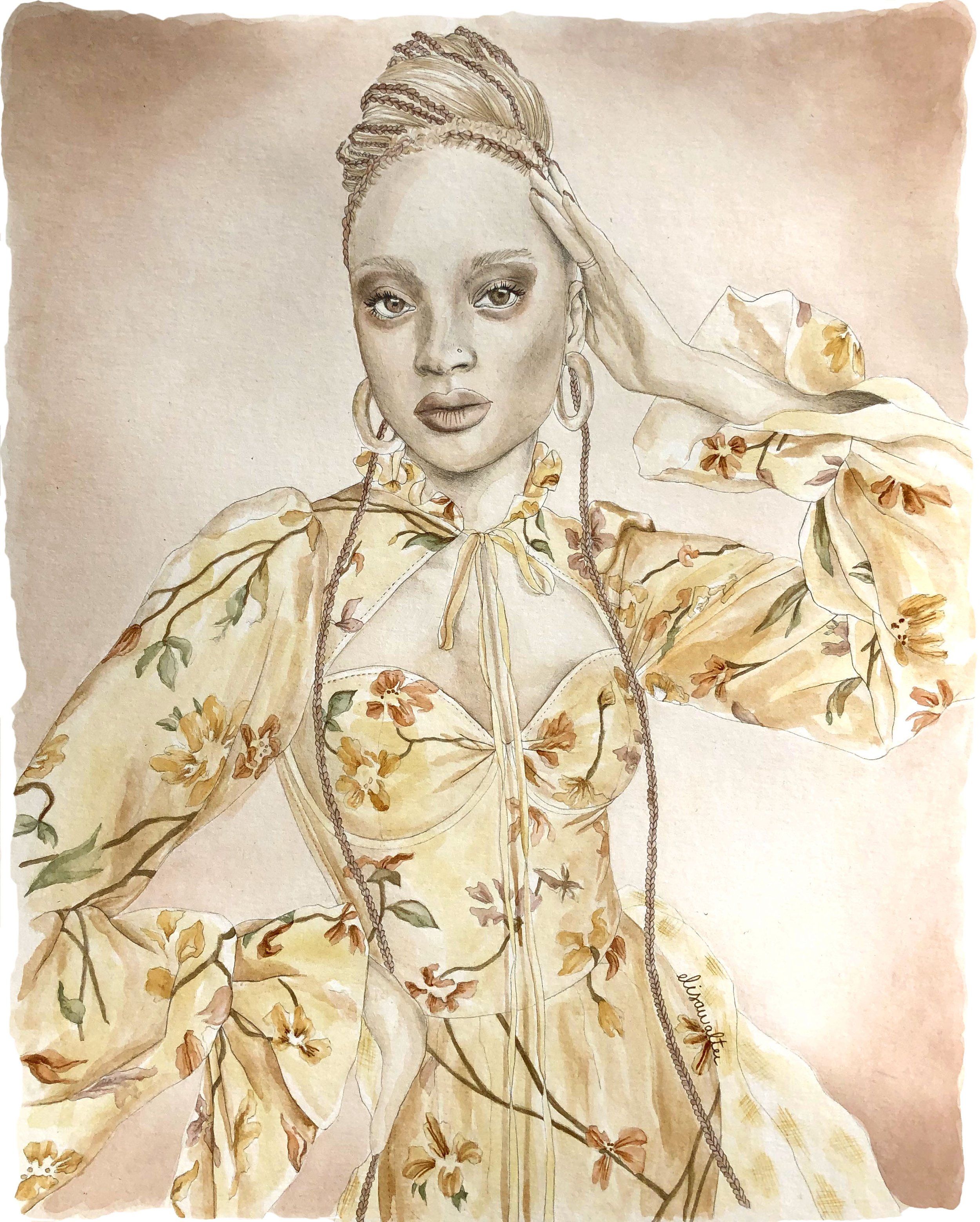 Un portrait d'une femme avec des cheveux tressés, portant une robe à fleurs jaune clair avec des manches bouffantes et un décolleté en cœur. Elle a un piercing au nez, des boucles d'oreilles et des mèches tressées en long.