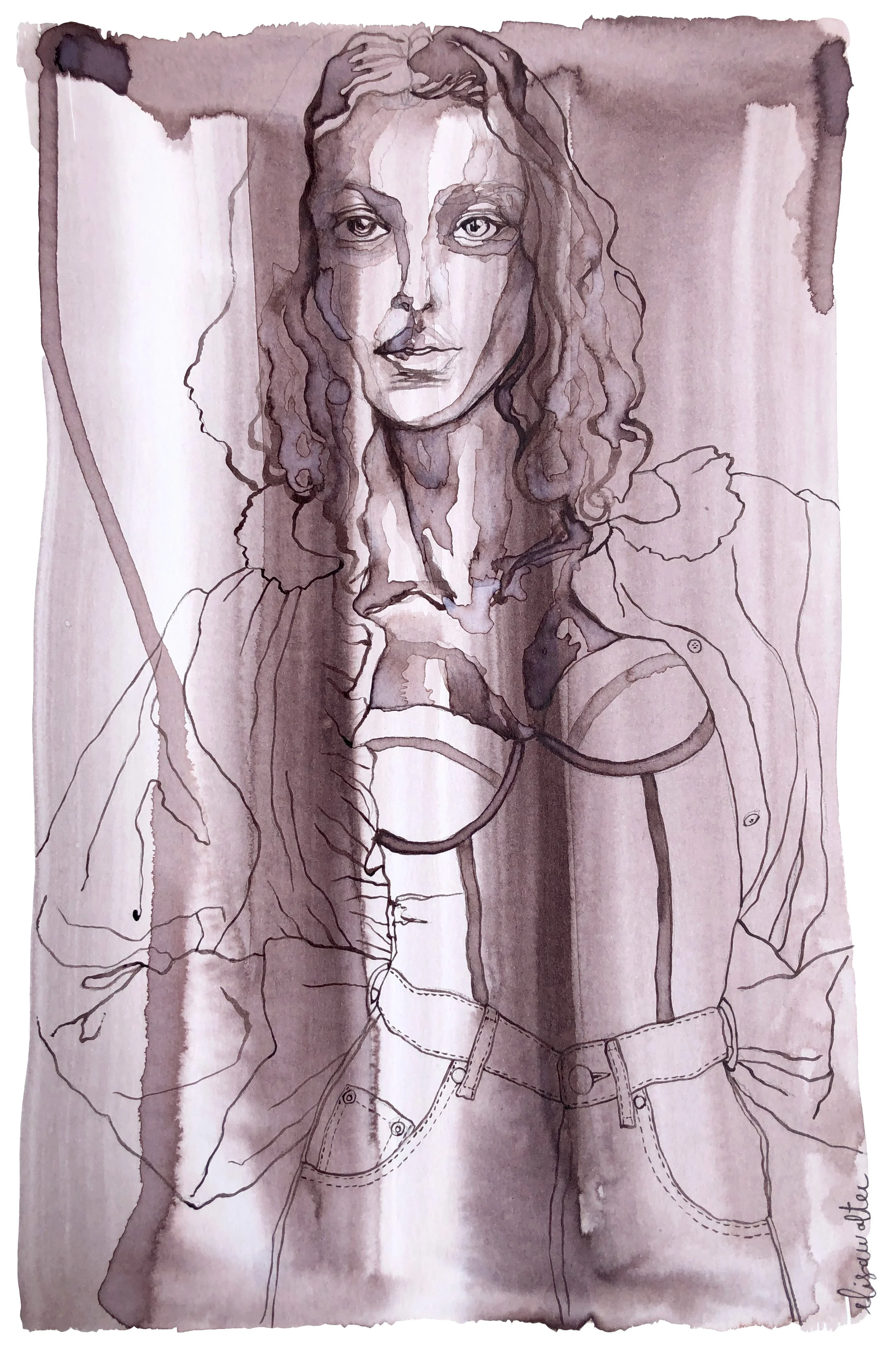 Un portrait en style aquarelle d'une femme avec des cheveux bouclés, portant une chemise ouverte et un pantalon en denim, avec un fond abstrait.