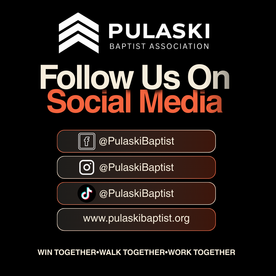A digital graphic promoting Pulaski Baptist Association's social media pages, featuring their logo and social media handles for Facebook, Instagram, and TikTok, and a website link, with the message 'Follow Us On Social Media' and the tagline 'Win Together•Walk Together•Work Together' at the bottom.