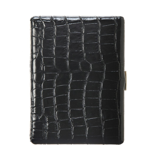 A black crocodile-embossed leather wallet with a gold clasp on the side.