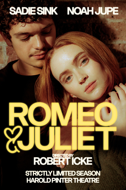 Promotional poster for the play 'Romeo & Juliet', featuring a young man with dark curly hair and a young woman with red hair, both with somber expressions. The title is in large yellow text, with the playwright's name, director, and venue details in smaller white text.