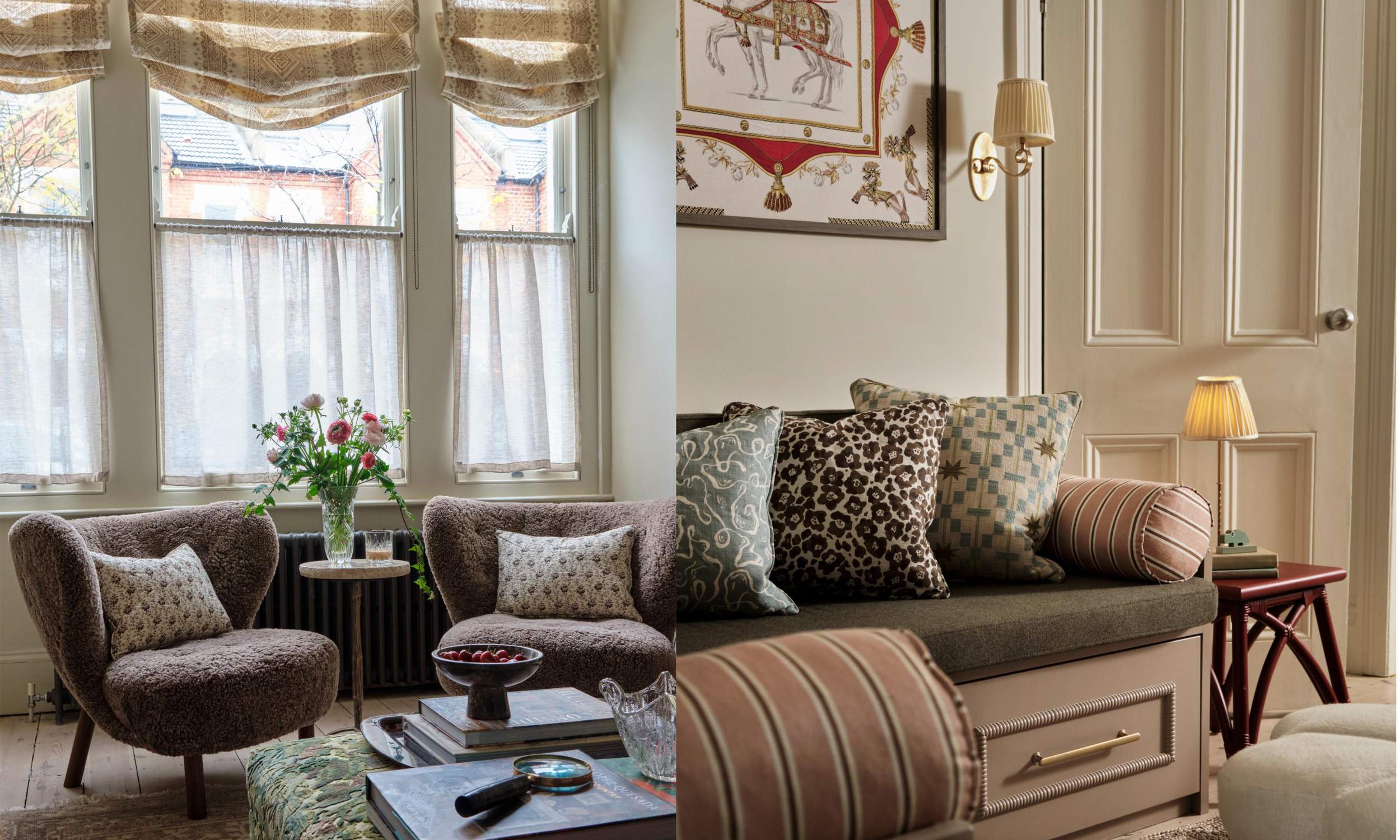 Split image showing two cozy living room spaces. The left side features a window with sheer curtains, two plush armchairs with patterned pillows, a small table with a flower vase, and a wooden floor. The right side displays a wall with framed art, a 