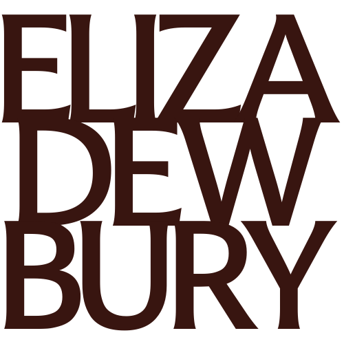 Text with the name 'Eliza Dew Bury' in stylized dark red letters.