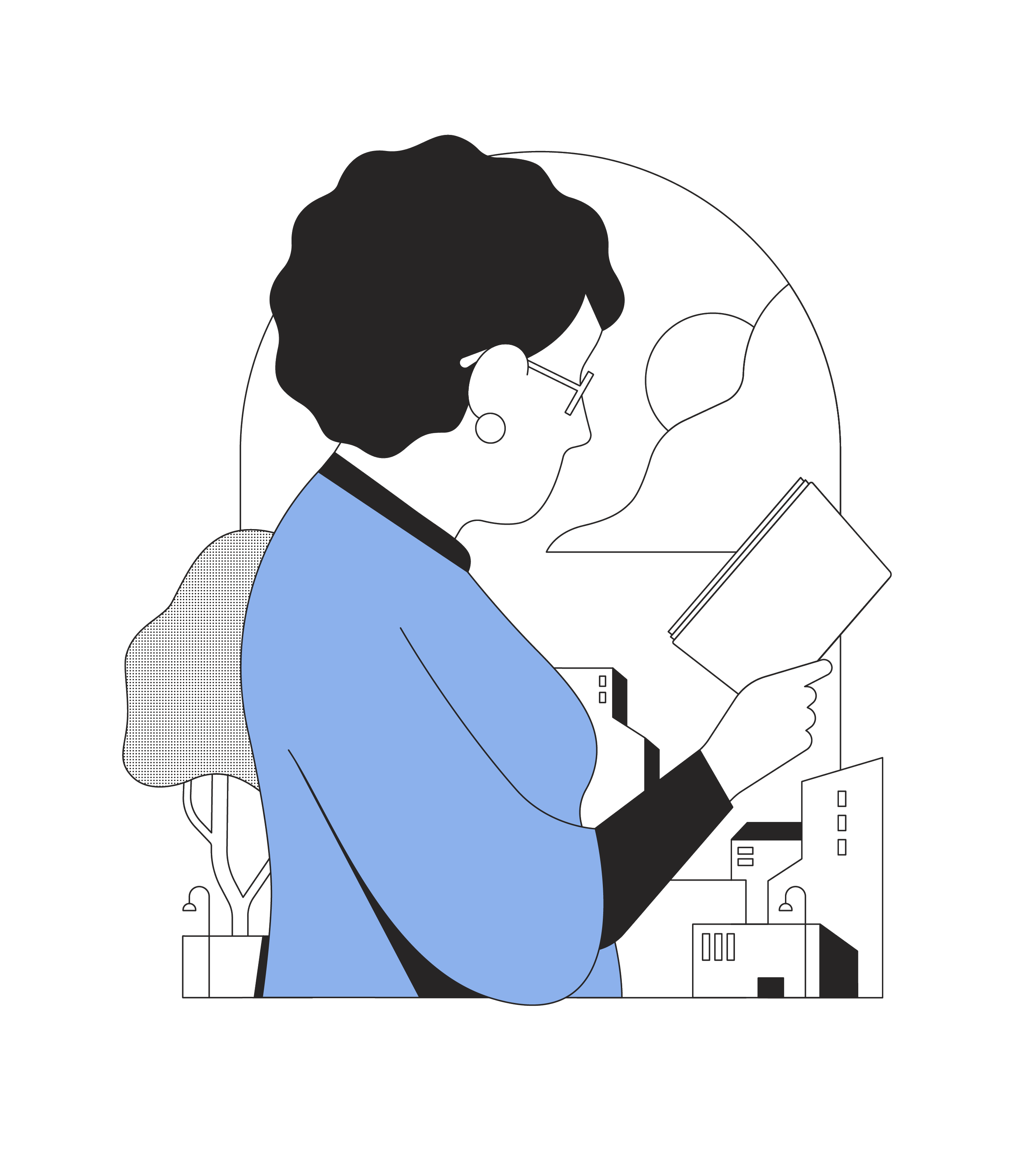 A woman with curly hair, glasses, and earrings, dressed in a blue shirt, is holding and reading a book.