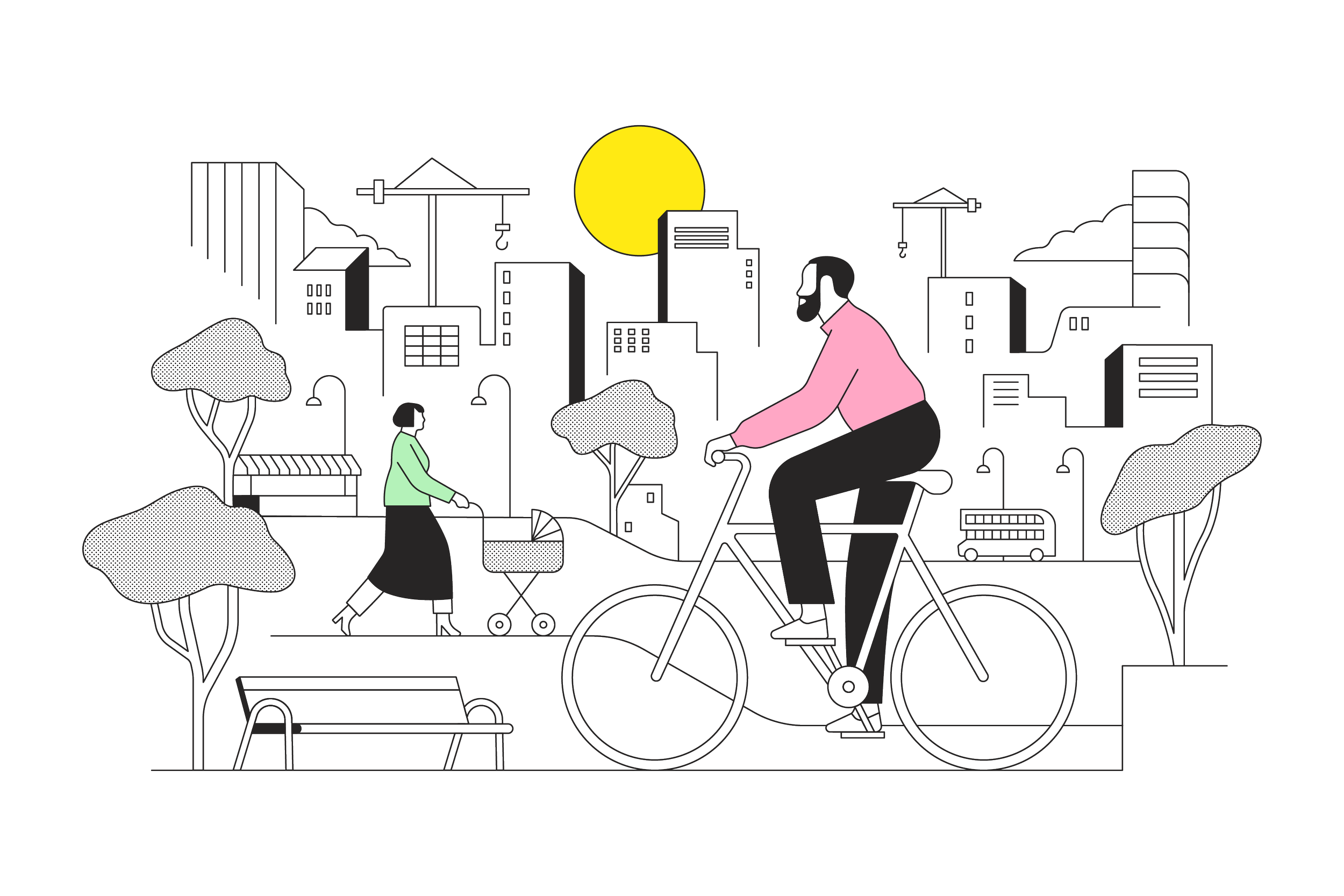 Illustration of a city park scene showing a man riding a bicycle, a woman pushing a stroller, trees, park benches, streetlights, buildings, and construction cranes with a yellow sun in the background.