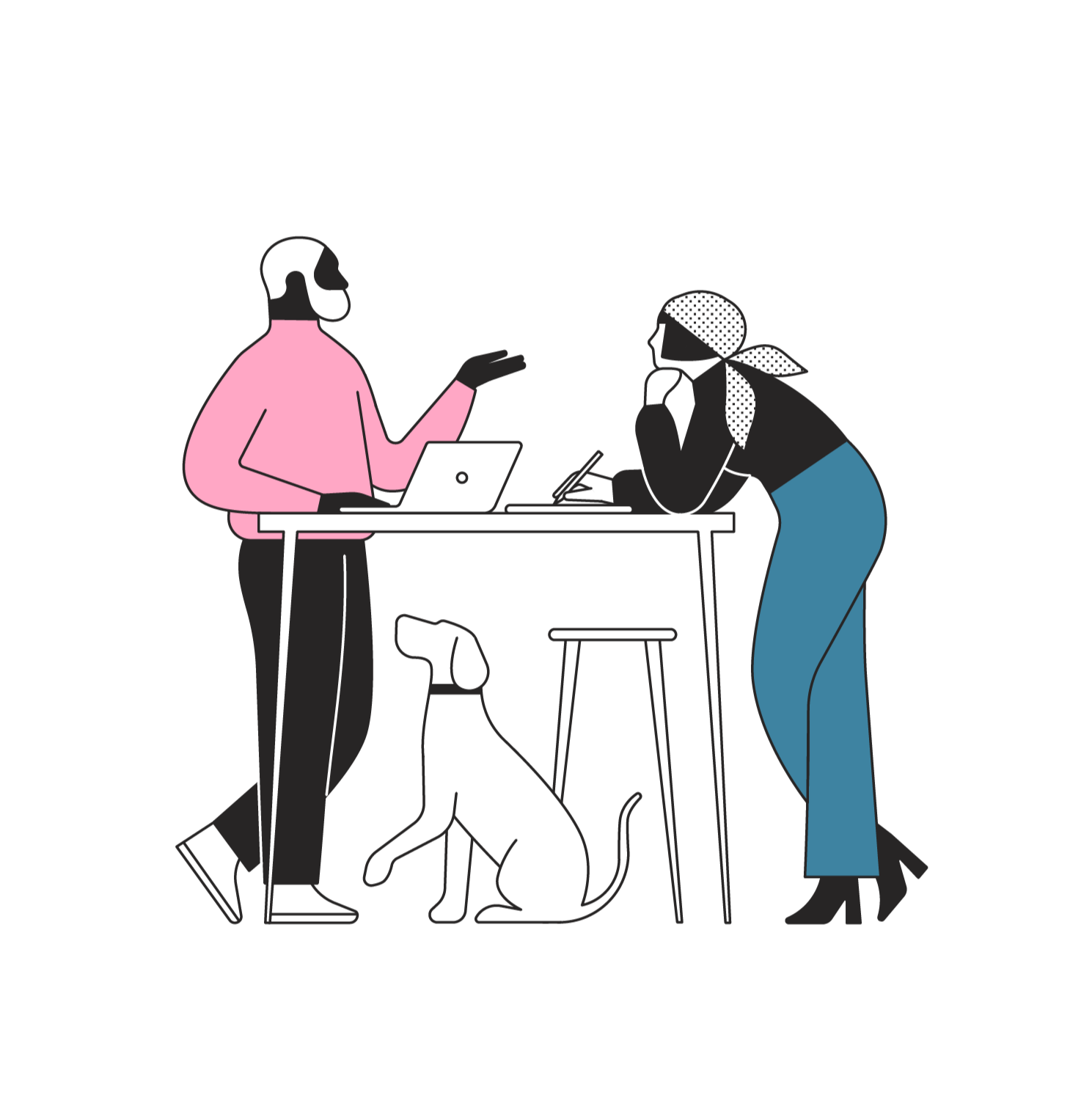 Illustration of two women talking at a table, one with a laptop and the other taking notes, with a dog sitting nearby.