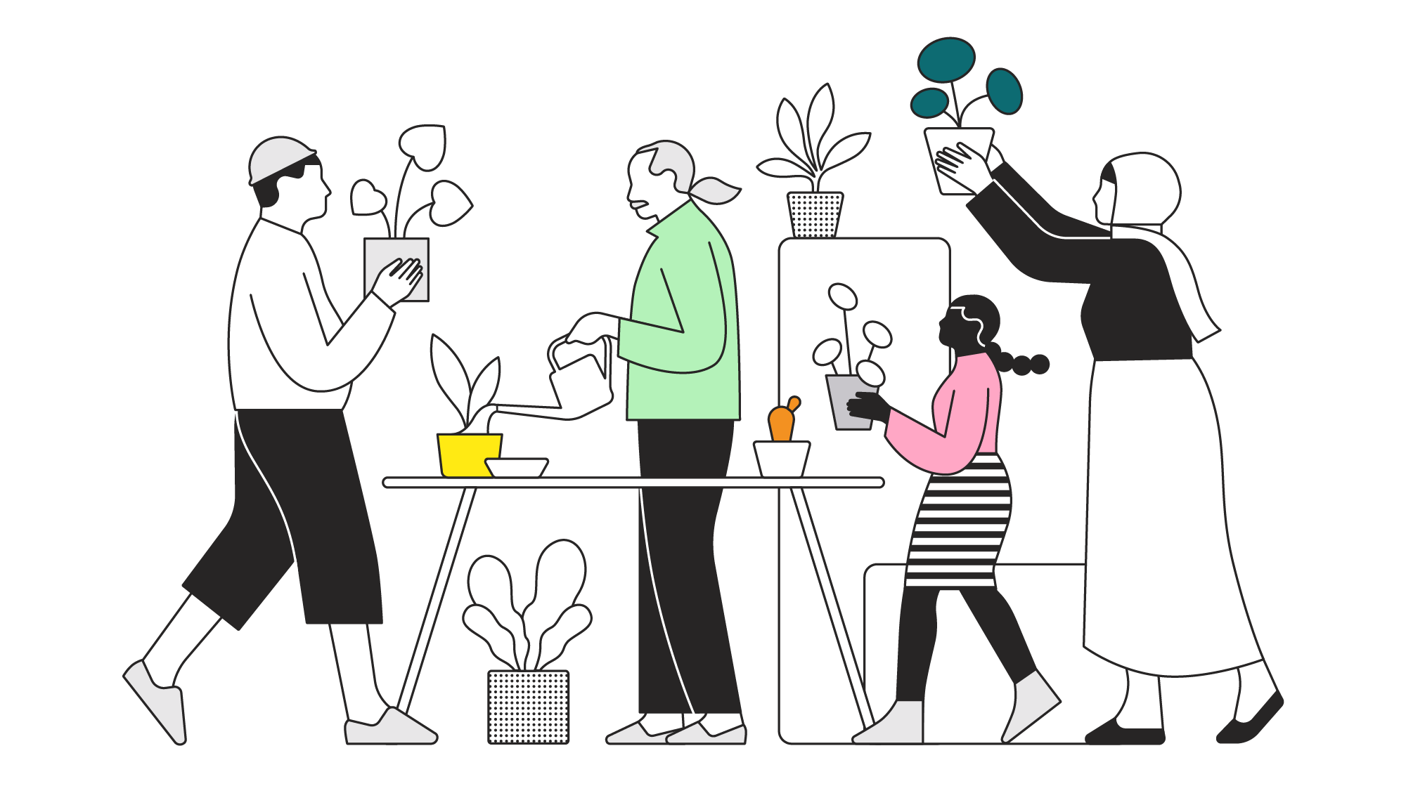 Illustration of five people engaged in gardening and plant care activities, with plants and gardening tools.