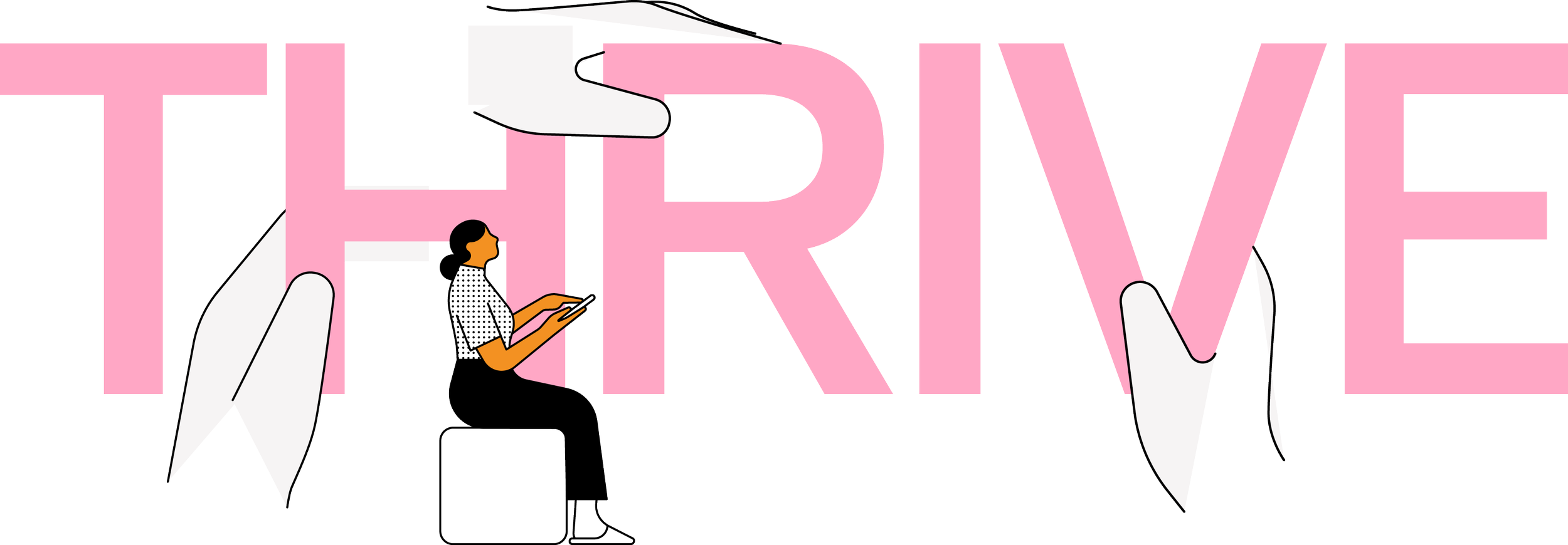 Illustration of a woman sitting on a white cube, looking at her phone, with large pink letters spelling 'FREEDOM' behind her. The image features minimalist, flat design with black and white outlines.