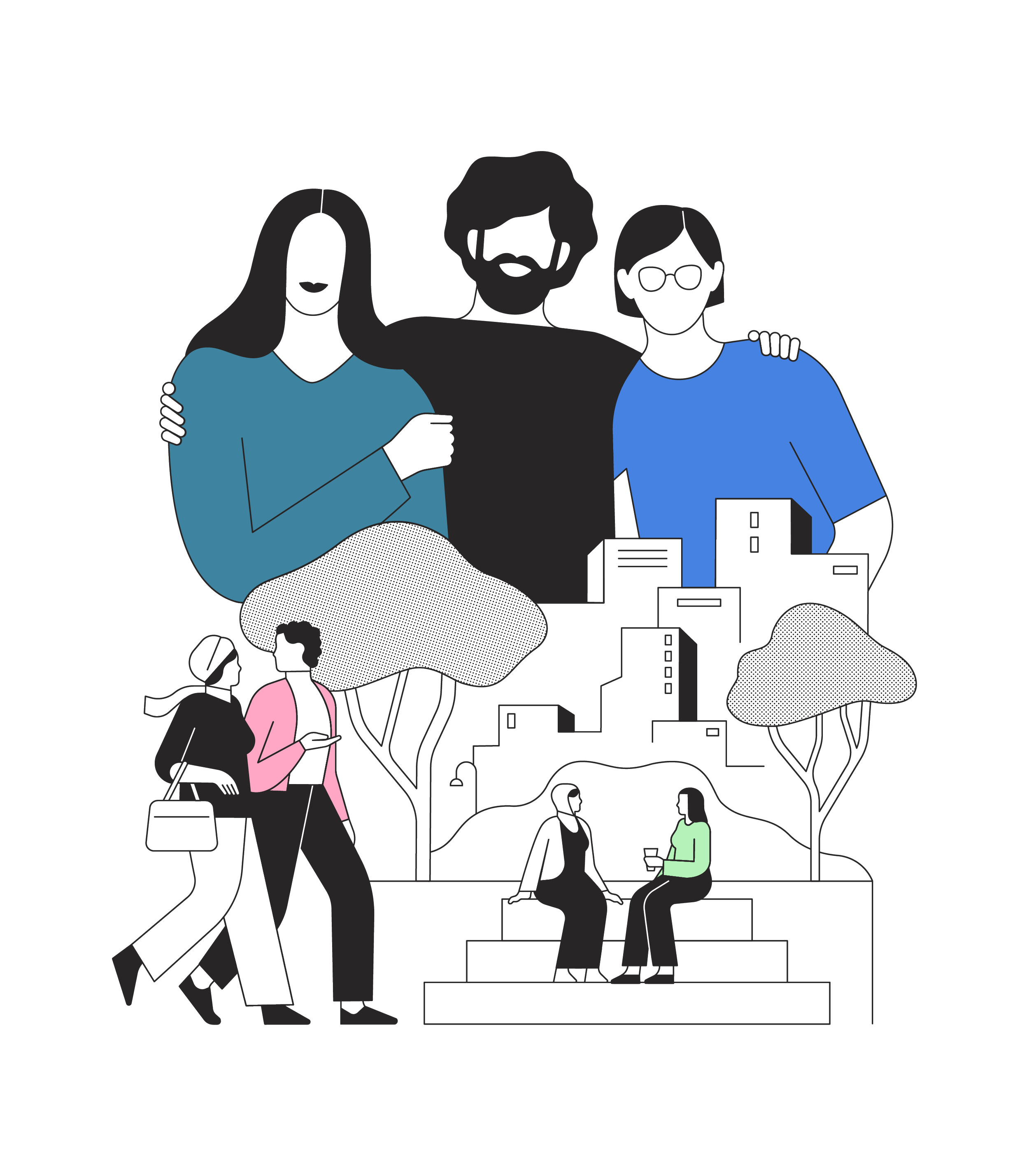 Illustration of diverse people in a city park with trees and buildings, some sitting and chatting, others walking or on their phones, in a colorful, minimalist style.