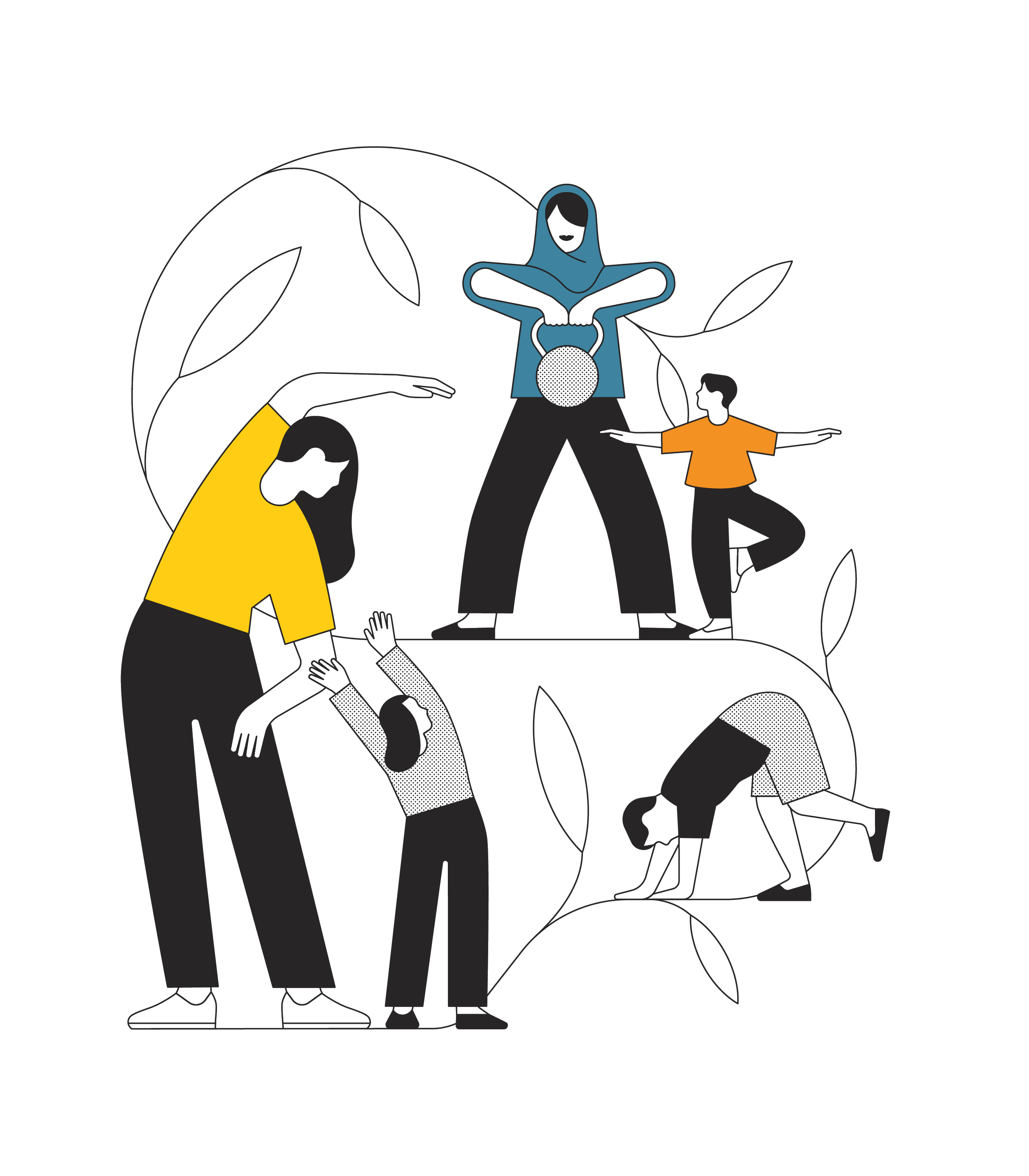 Illustration of a diverse group of people doing yoga outside, surrounded by leaves and branches.