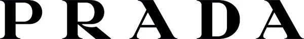 Close-up of the Prada logo with black letters on a white background.