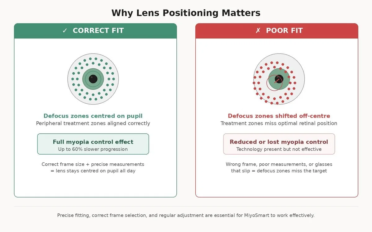 Diagram comparing correct lens fit versus poor lens fit for myopia control glasses. Correct fit shows defocus zones centred on pupil for full myopia control effect. Poor fit shows defocus zones shifted off-centre, reducing or losing the myopia control effect.