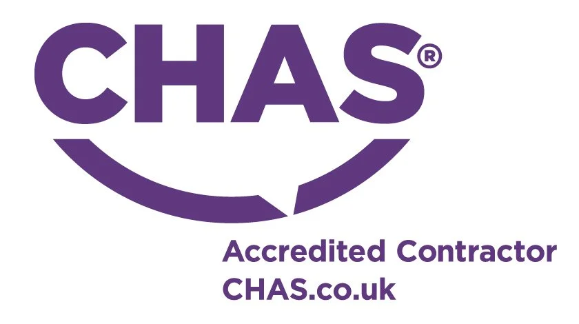 CHAS logo with purple text and smiley face design, stating 'Accredited Contractor CHAS.co.uk'