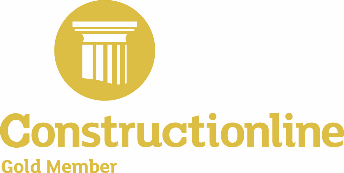 Logo of Constructionline with a gold circle containing a stylized white column, and the words 'Constructionline Gold Member' in gold text.
