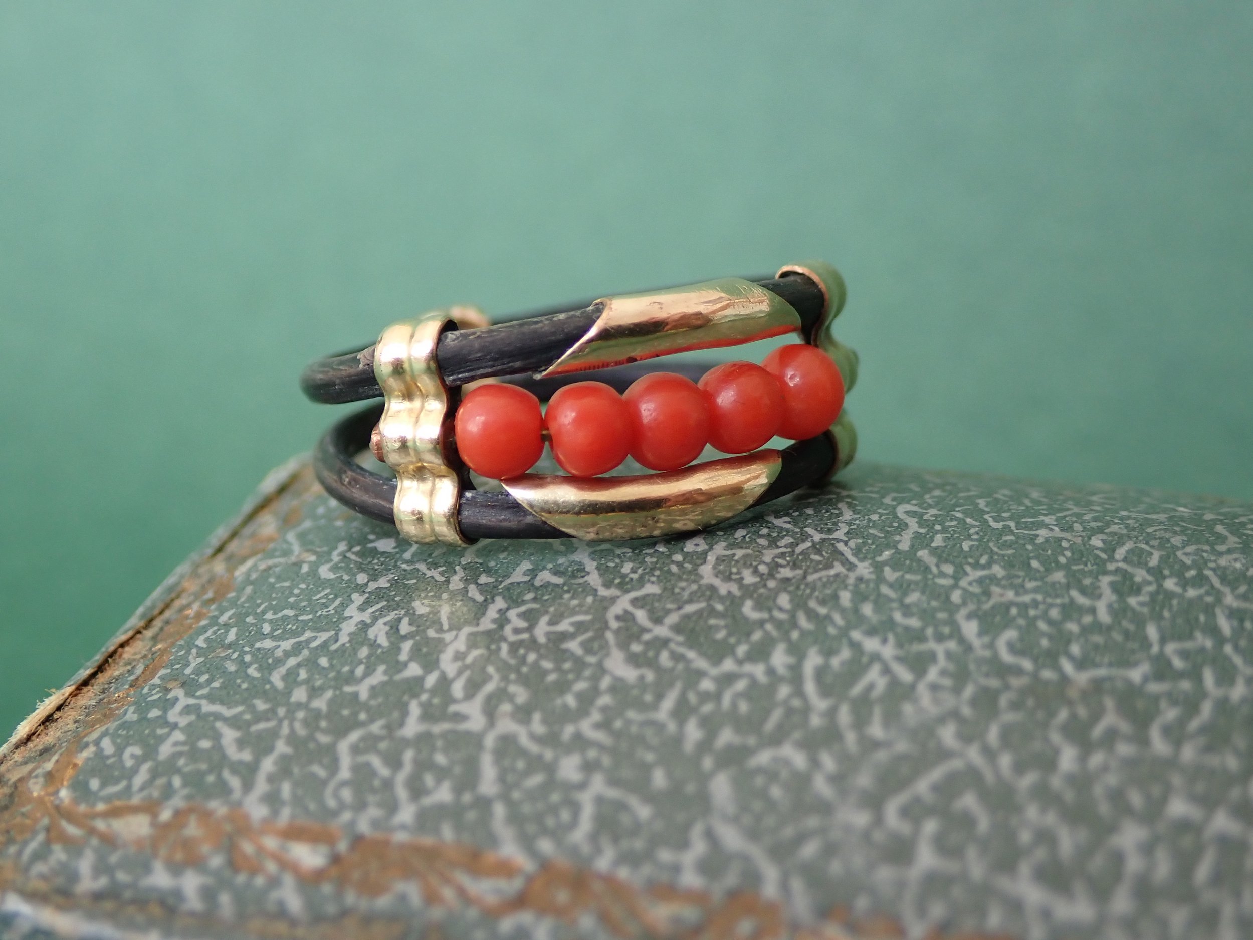 Victorian Elephant Hair and Coral Gold Ring