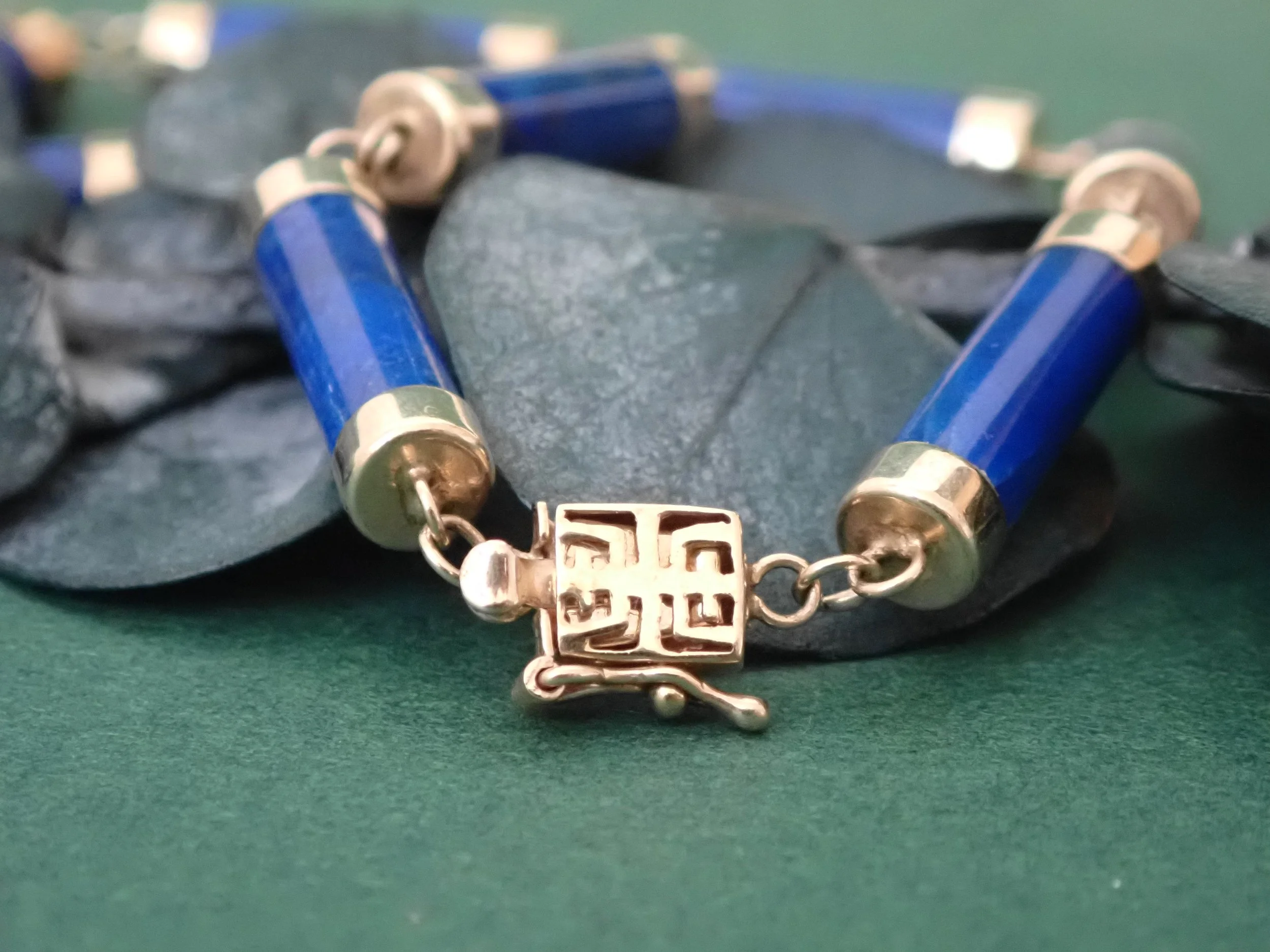 Vintage 9ct Gold and Lapis Lazuli Chinese Symbol Bracelet