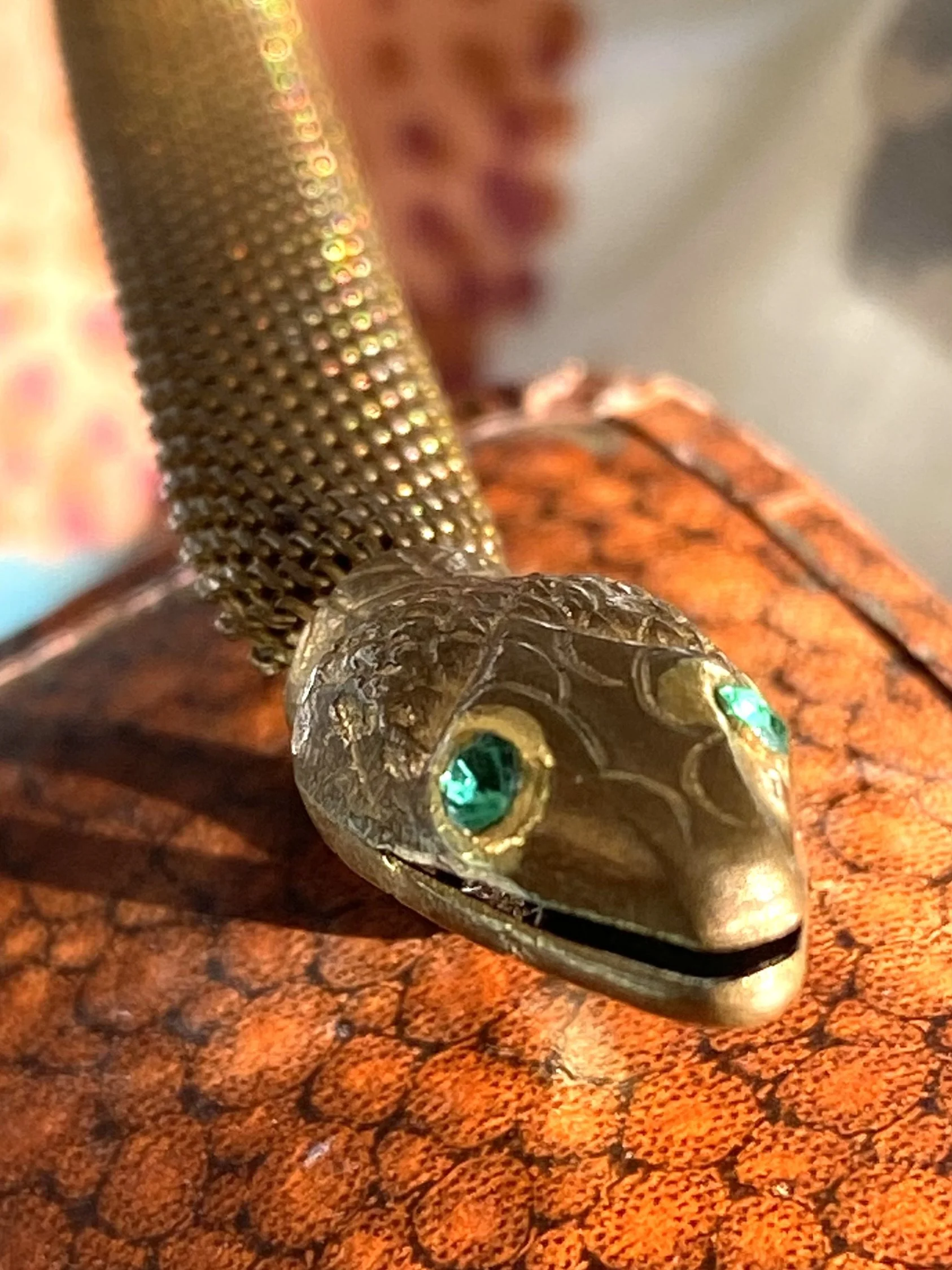 Victorian Elongated Gilt Metal Snake Pendant with Emerald Paste Eyes
