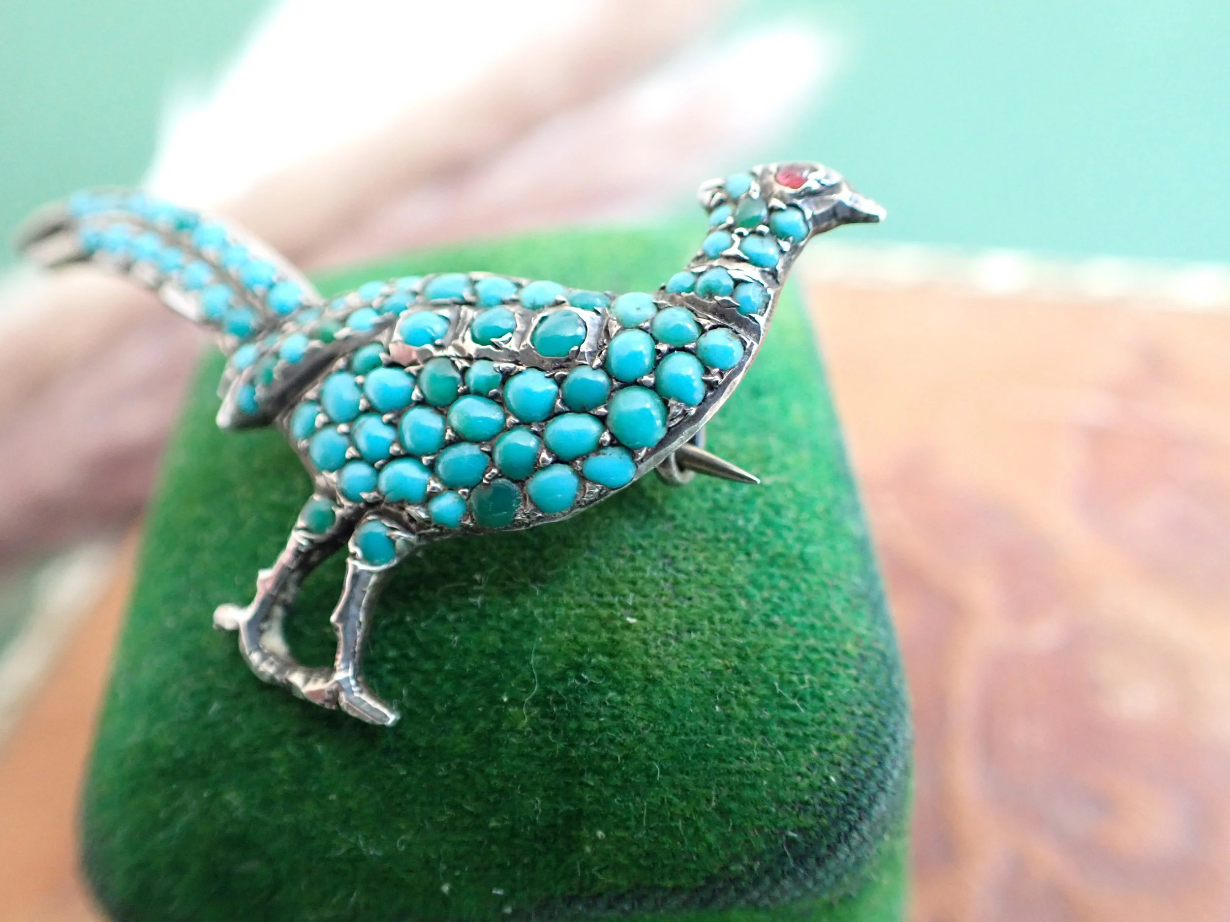Antique Silver and Turquoise Pave-Set Brooch