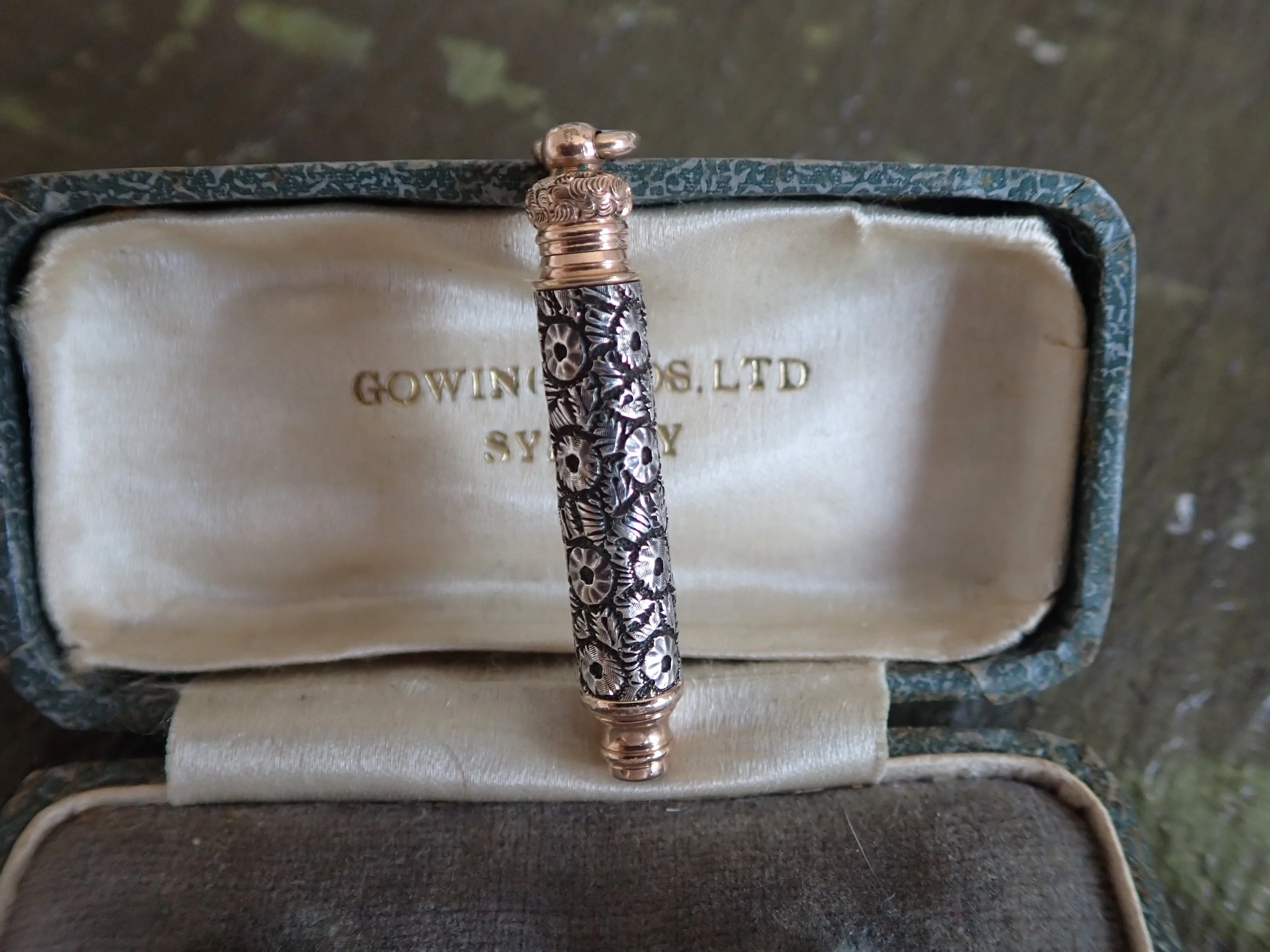 Antique Retractable Pencil Pendant with Floral Engraving