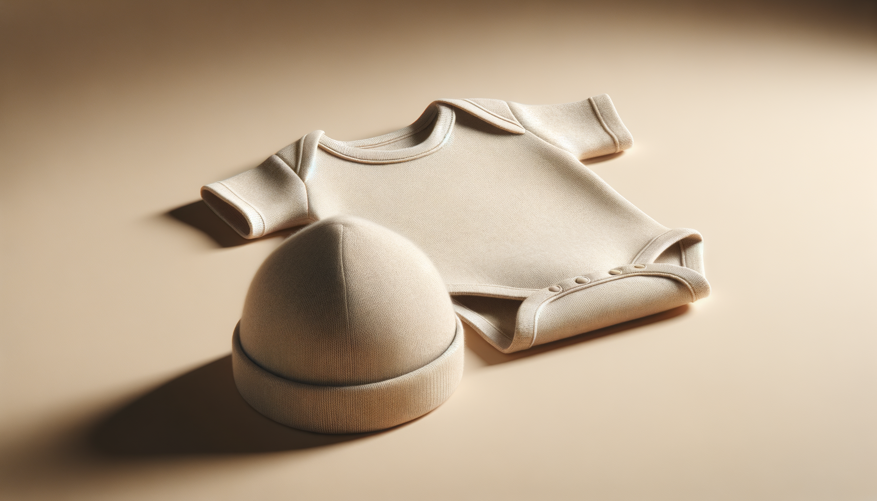 Cream-colored baby onesie and matching hat on a beige surface with shadowing.