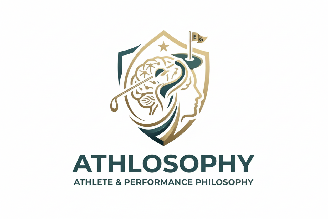 Logo for Athlosophy featuring a shield with a profile of a human head, a brain with a golf flag, and the words 'ATHLOSOPHY' and 'ATHLETE & PERFORMANCE PHILOSOPHY'.