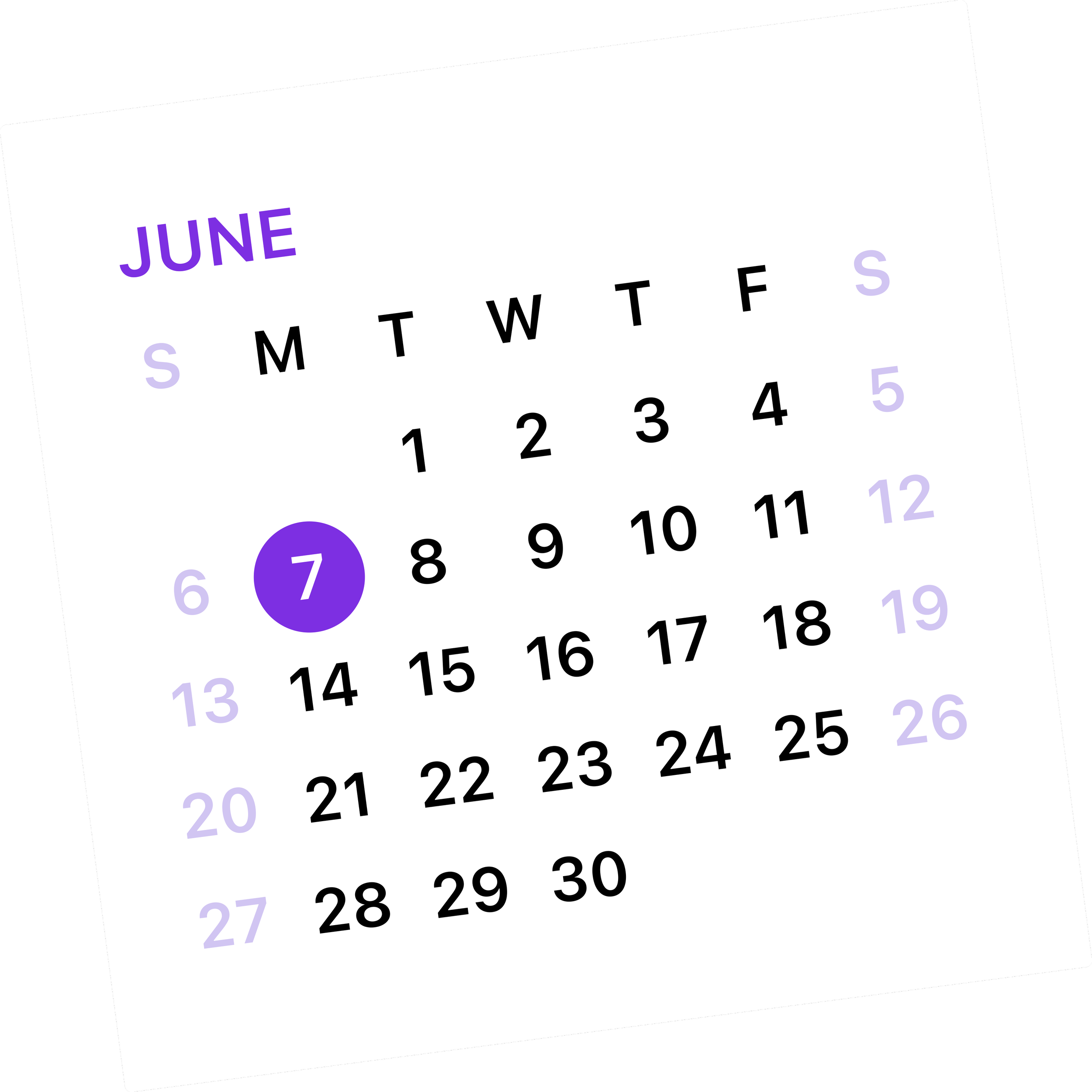 Calendrier de juin 2023 mettant en évidence le 7, avec un fond noir et des textes en blanc et violet.