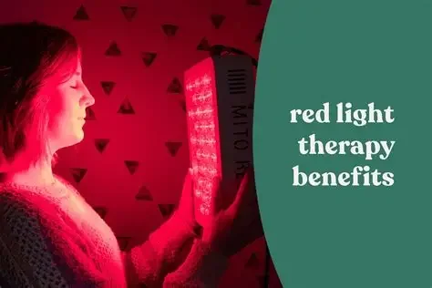 A woman using a red light therapy device in a dark room with a patterned wall, accompanied by text about red light therapy benefits.