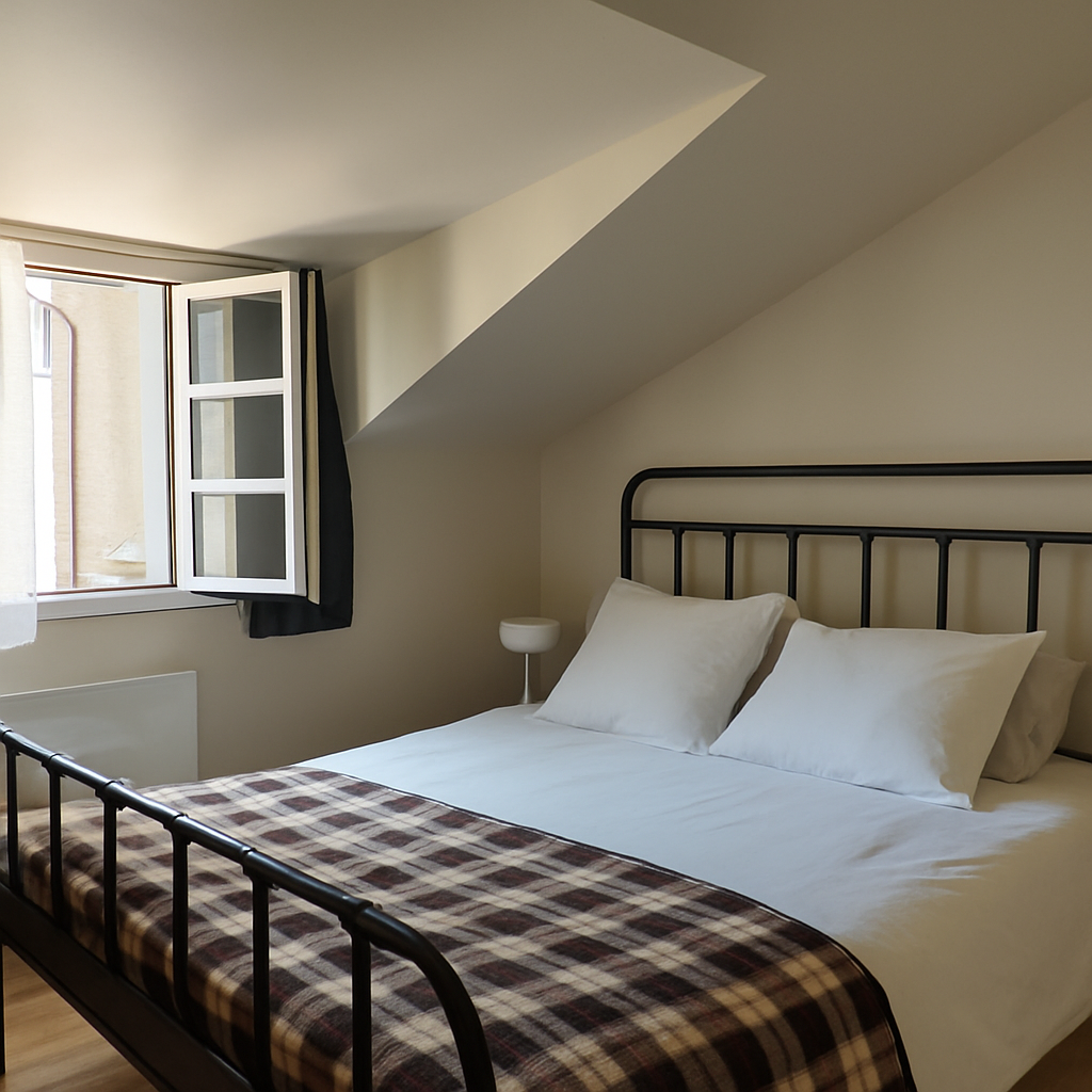 A bedroom with a black metal bed, white sheets, pillows, an open window with black curtains, a white wall, and a bedside lamp