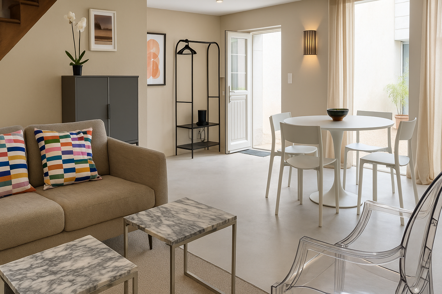 A modern living room with a beige sofa, colorful throw pillows, a marble table, white chairs arranged around a round table, a door left slightly ajar, plants, warm lighting, and light-colored curtains.