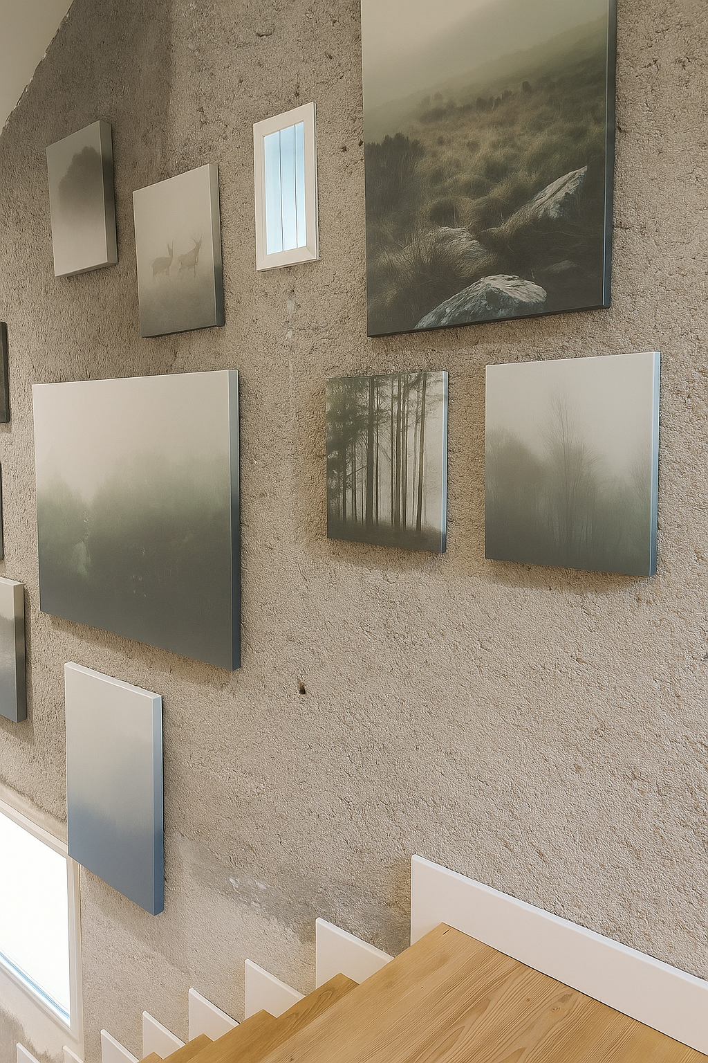 A gallery of paintings depicting natural landscapes shrouded in fog, rendered in a soft, abstract style, hanging on a plaster wall.