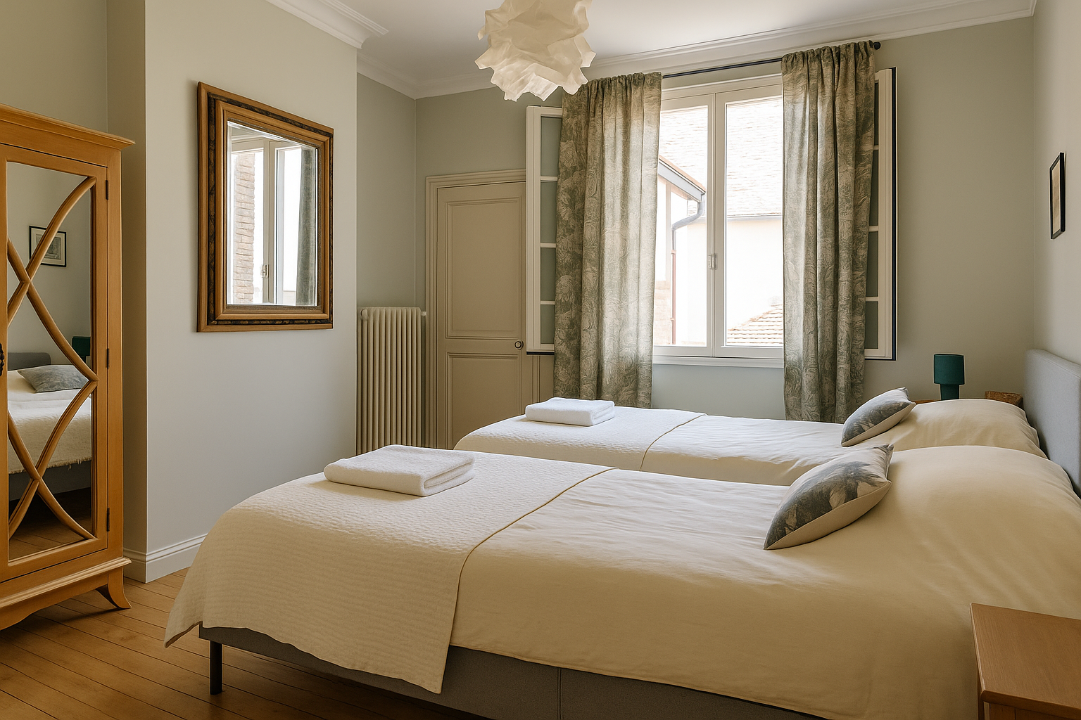 Bedroom with two beds, a window, curtains, and a wooden wardrobe