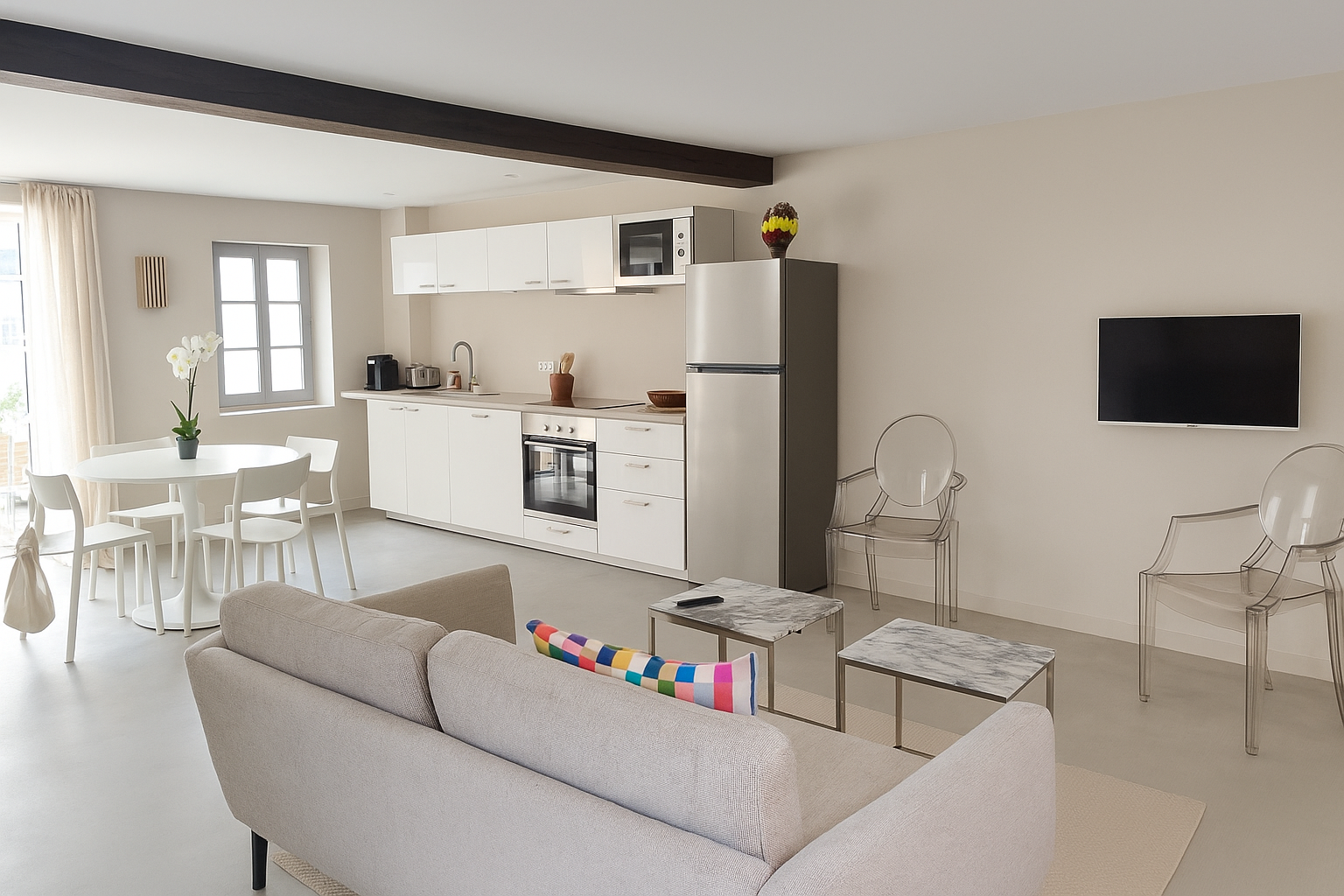 An open-concept living room and kitchen in a bright apartment, featuring a beige sofa, marble tables, a flat-screen TV, transparent furniture, and a white kitchen with modern appliances.