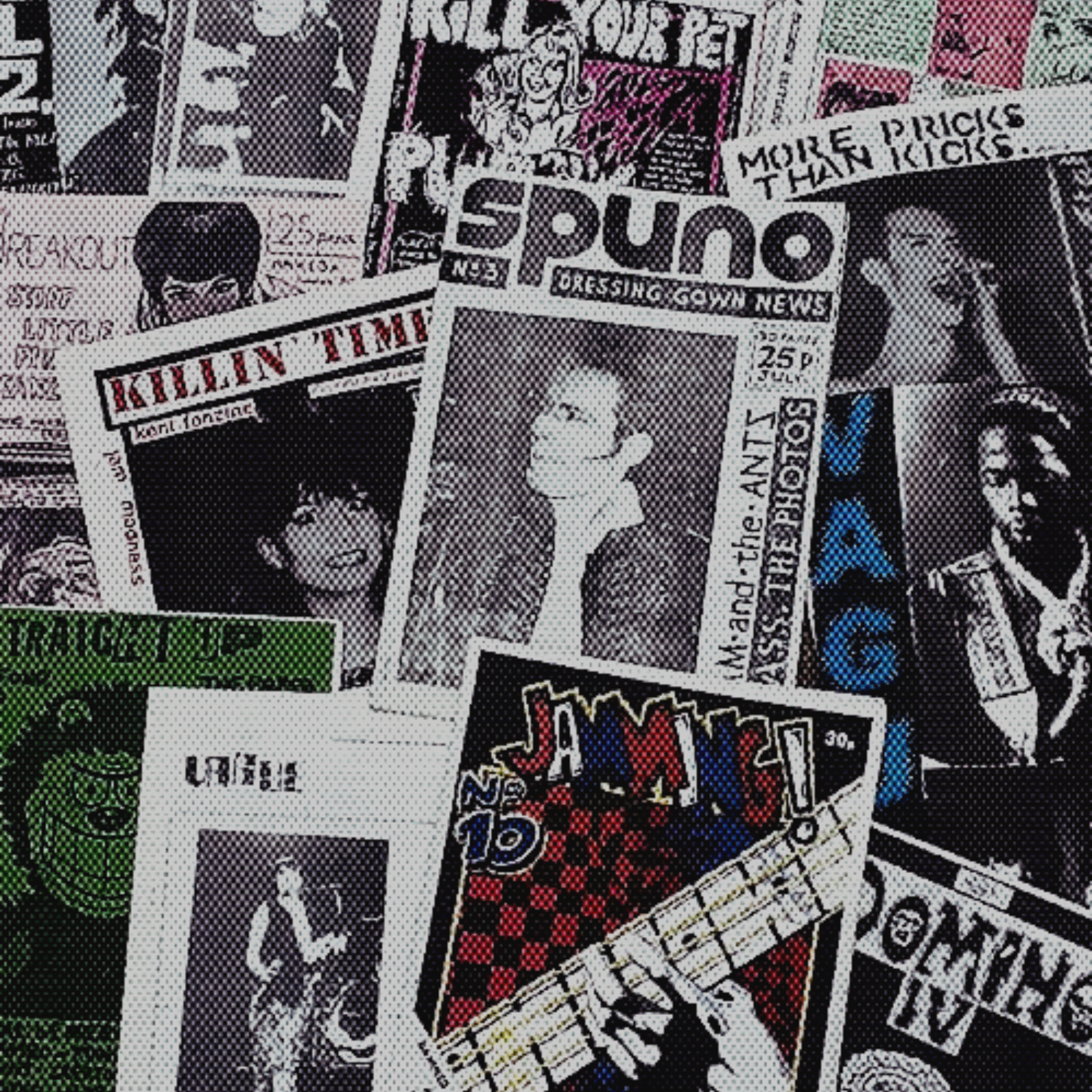 A collection of various comic book covers, magazine covers, and advertisements including images of women, text headlines, and colorful graphics.