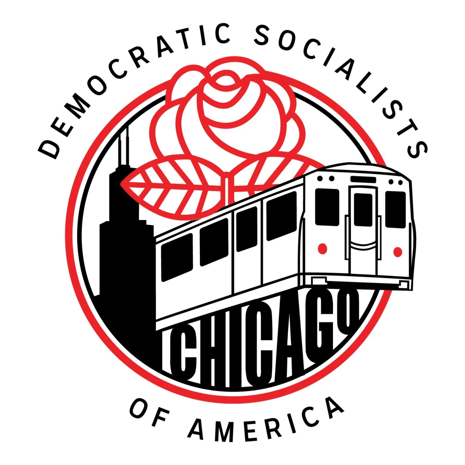 Logo of the Democratic Socialists of America featuring a stylized flower, a skyscraper, and a train with surrounding text.