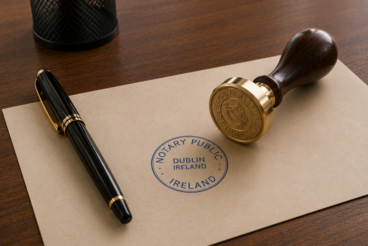 Official notarized document with a blue stamp from Dublin, Ireland, a black and gold pen, and a wooden-handled sealing stamp on a wooden desk.