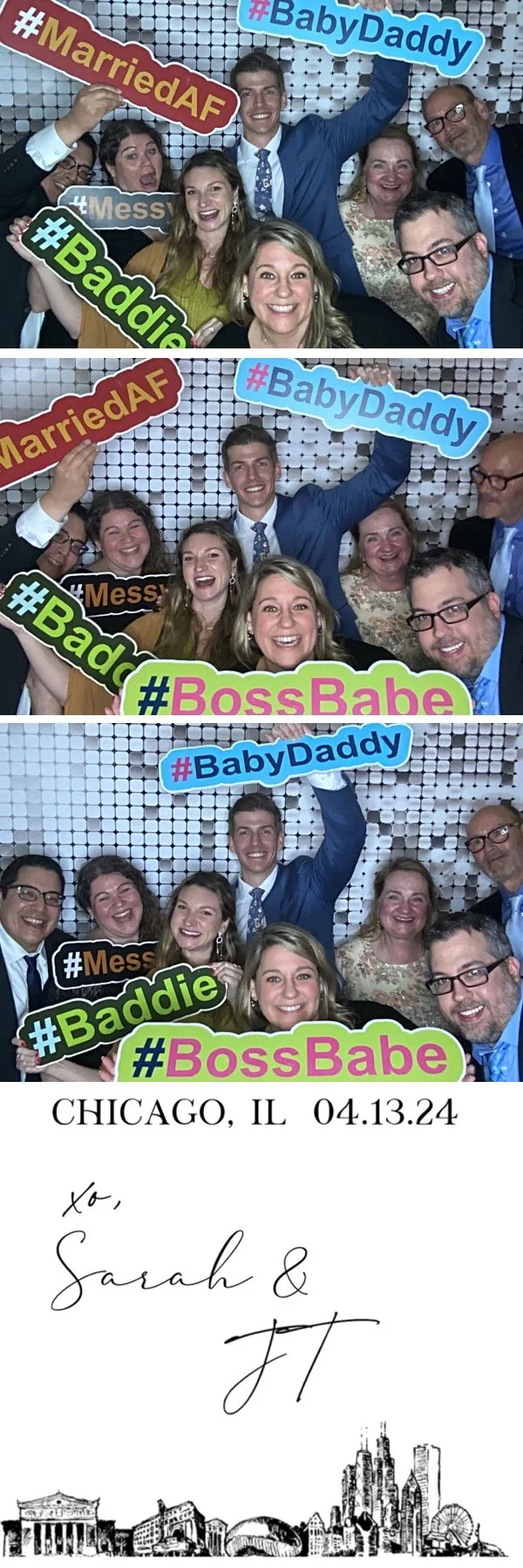 Photobooth strip of event guests using props with hashtags