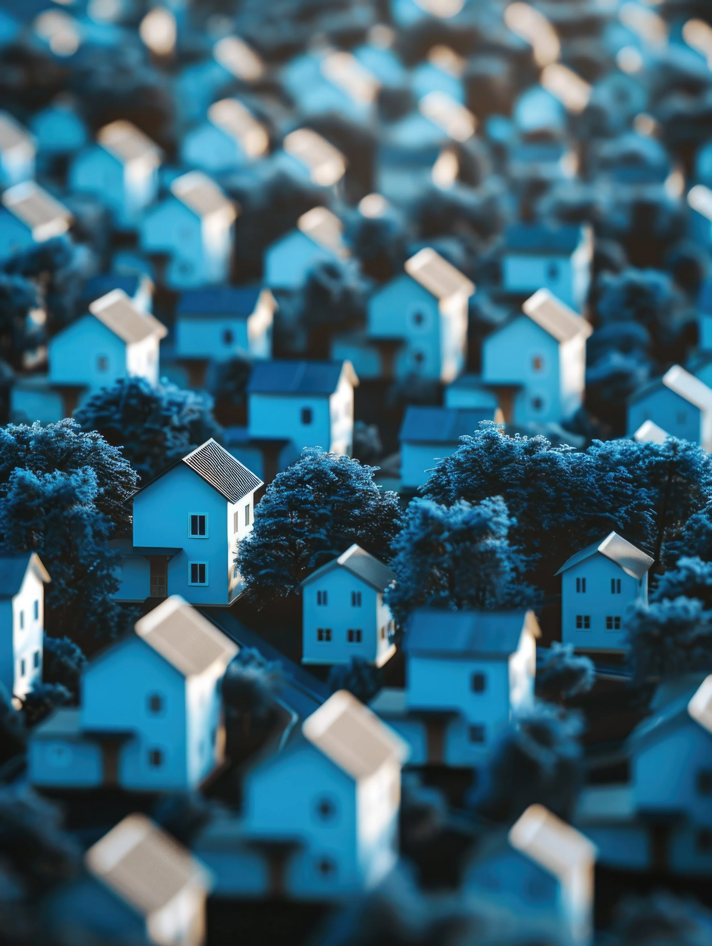 Modelli di case e alberi in miniatura sovrapposti, scena in blu e bianco.