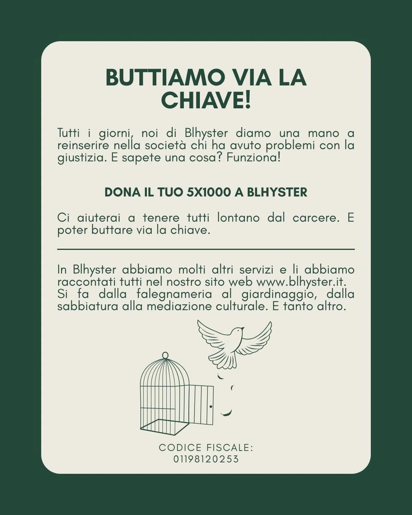 Non sai a chi donare il tuo 5x1000? Corri a sostenerci, donandolo a Blhyster! 🥰

#blhyster #dona #5x1000 #sostienici #cooperativasociale