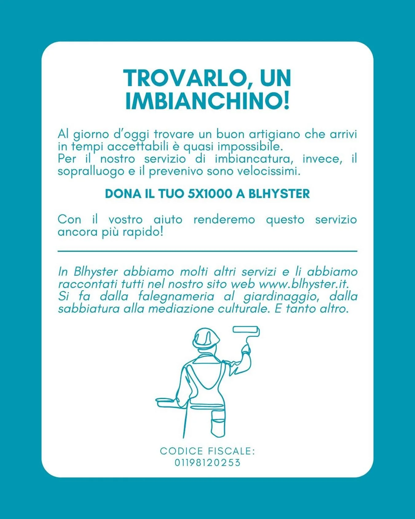 Il vostro 5x1000 non aiuta solo noi, ma anche il servizio di imbiancatura che riceverete!🥰

#blhyster #dona #5x1000 #cooperativasociale