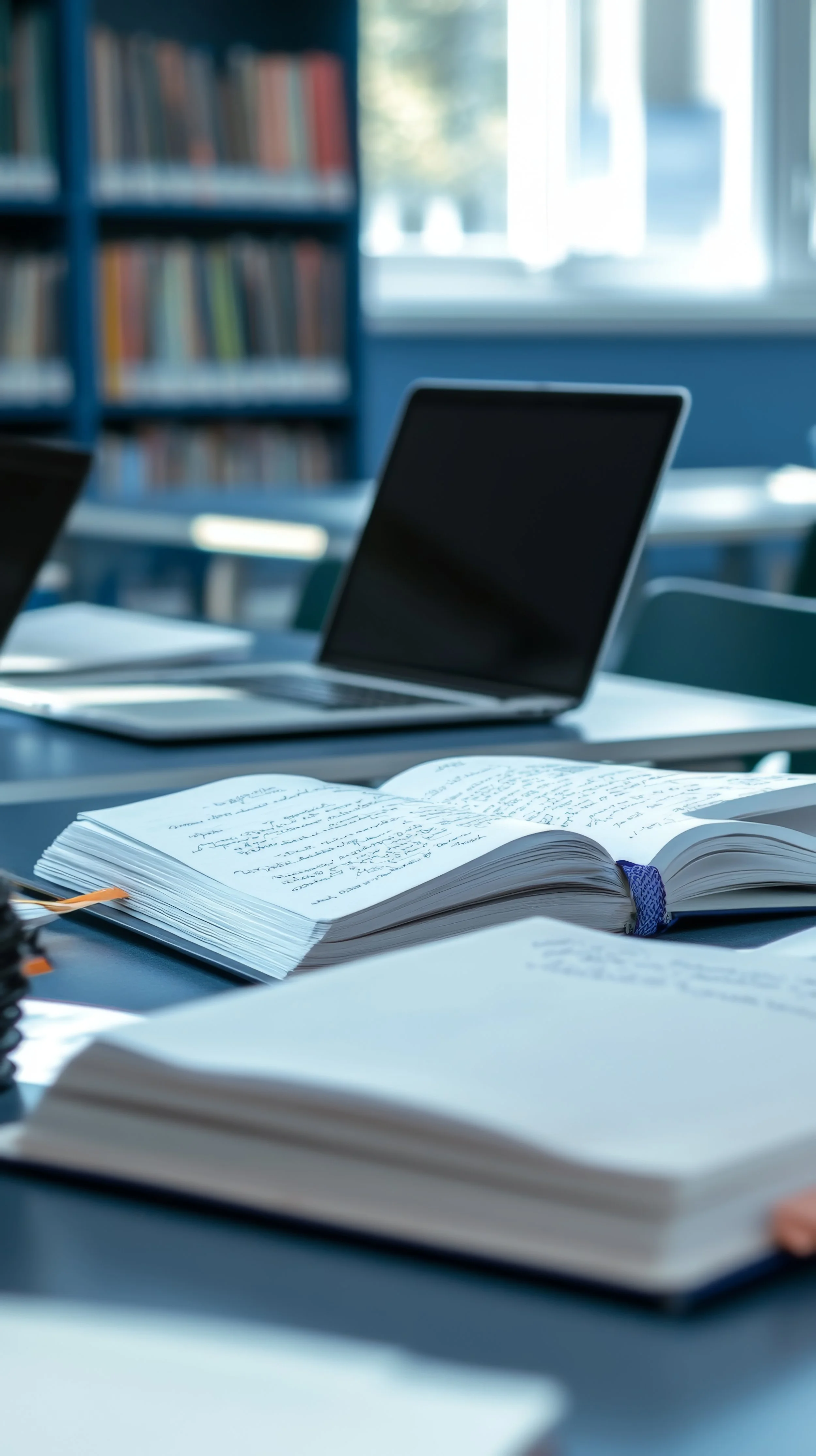 Tavolo in una biblioteca con libri aperti, un computer portatile con schermo spento e altri libri impilati.