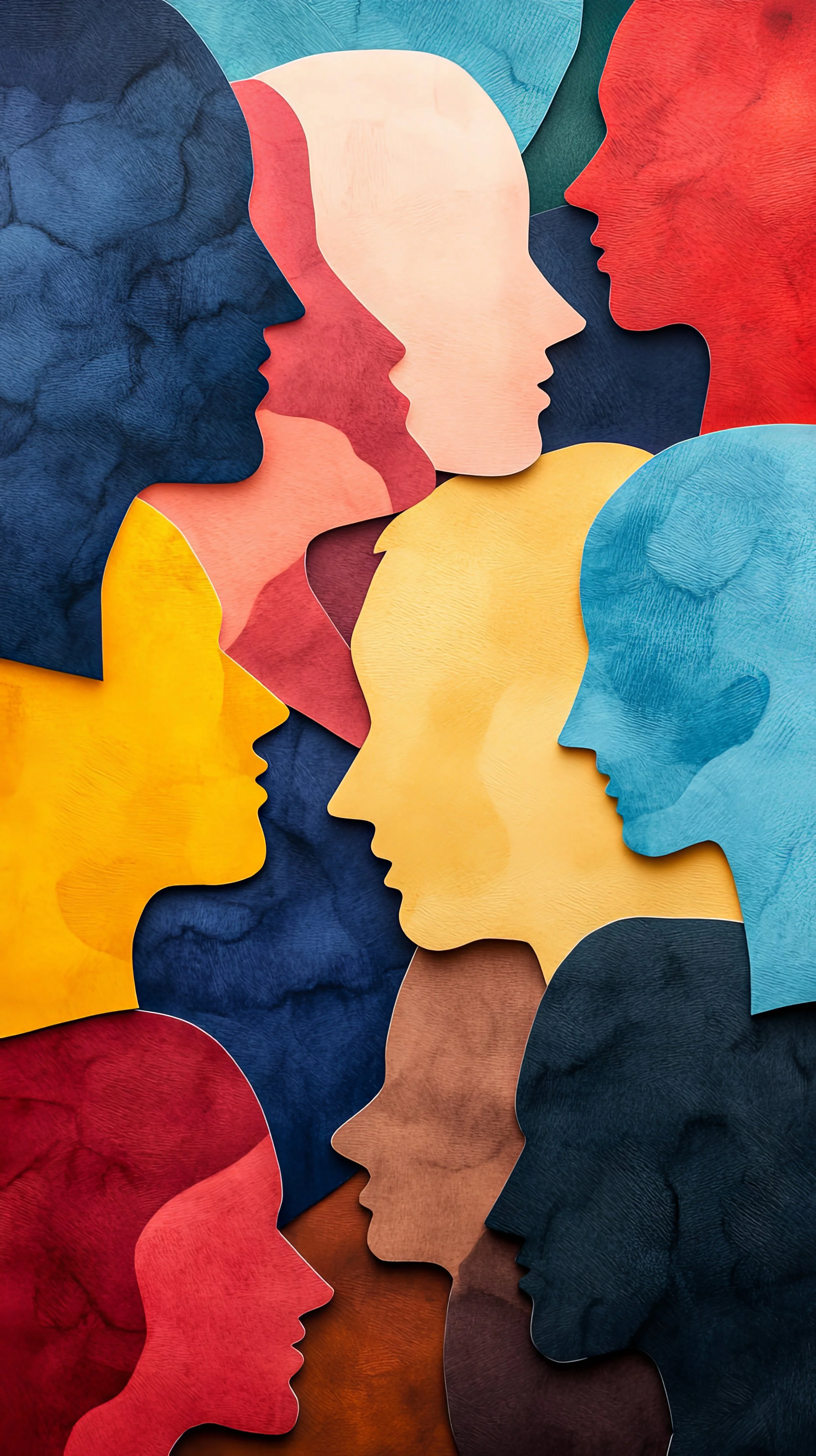 Ritagli di carta colorata con sagome di volti umani in profilo che si fronteggiano.