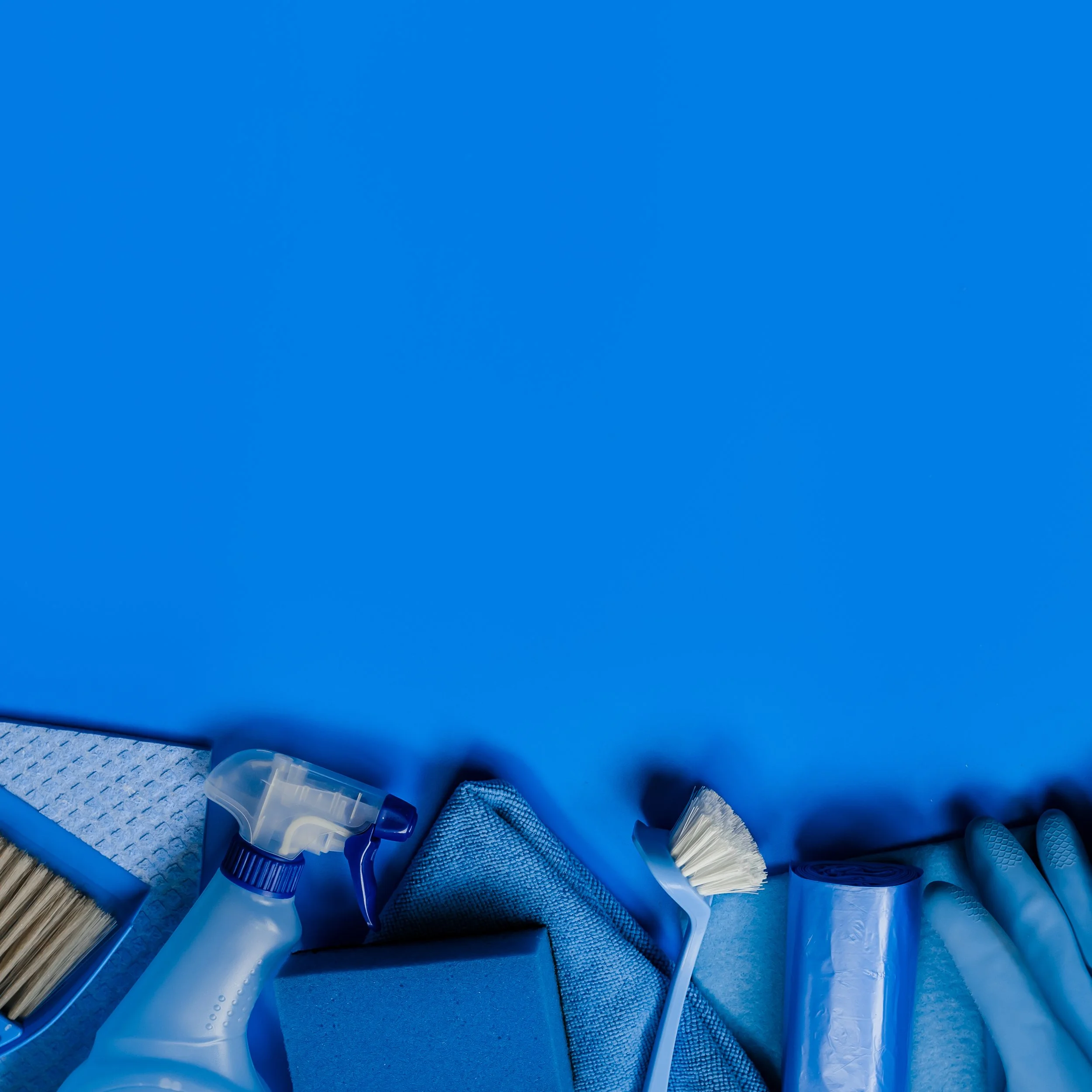 Varie strumenti per la pulizia e prodotti per la pulizia disposti in modo ordinato su una superficie blu.