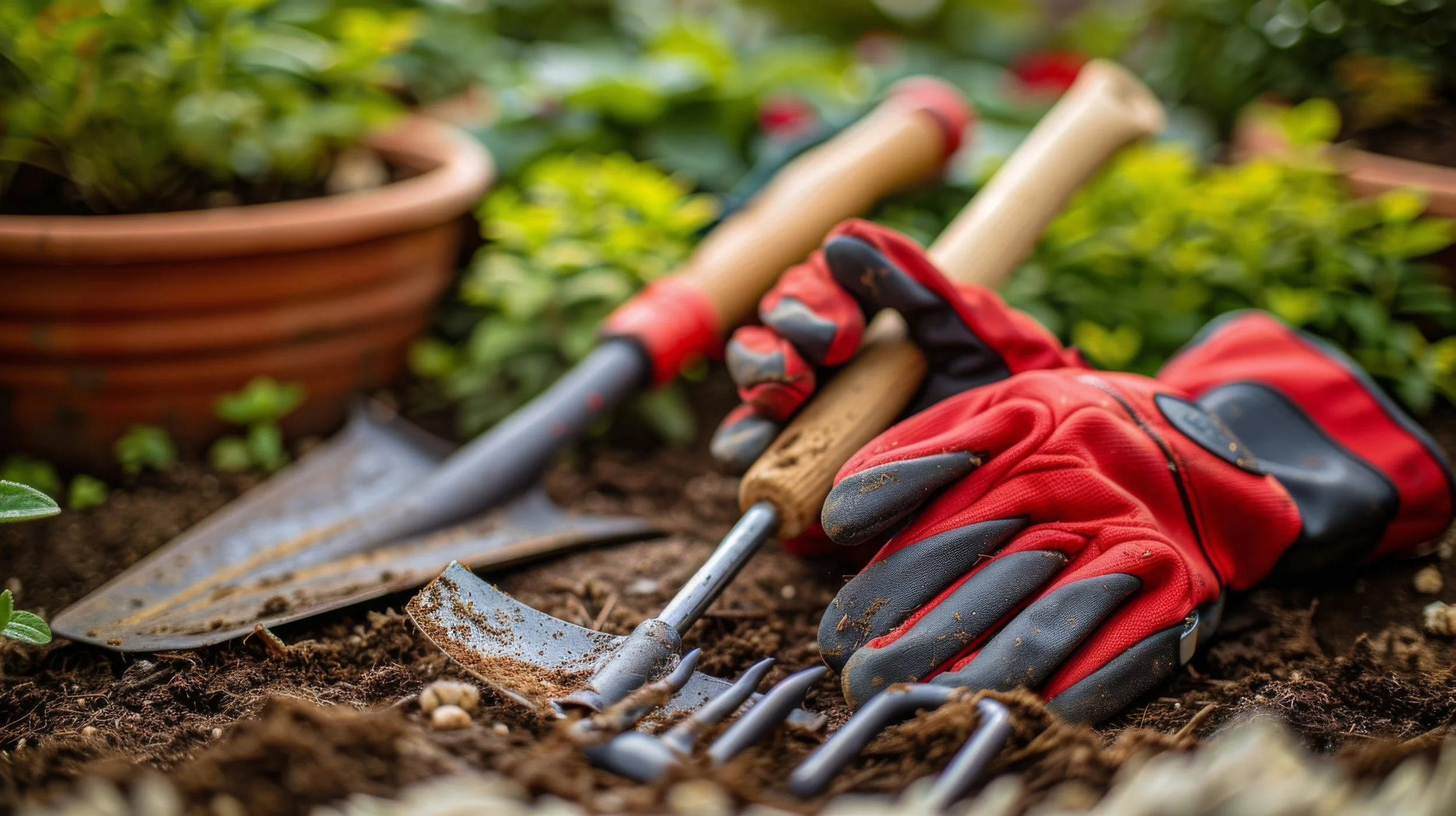 Attrezzi da giardinaggio come guanti, zappa, rastrello e cesoie lasciati sul terreno con piante in vaso sullo sfondo.